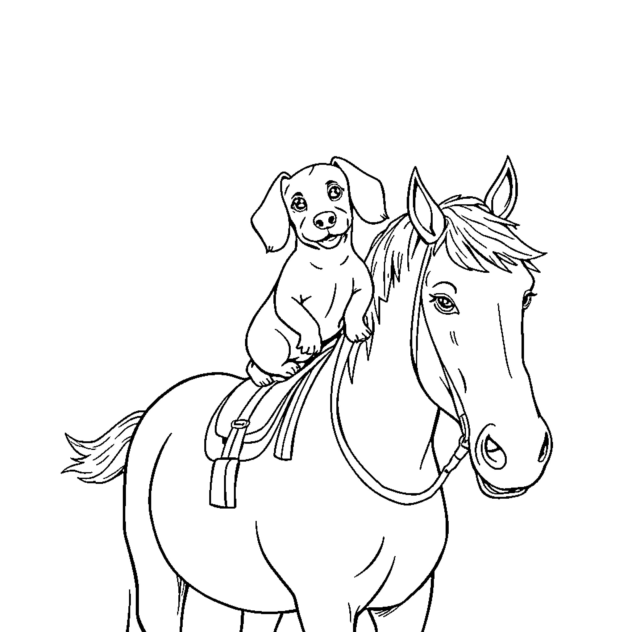 Dachshund riding on a horse with joy Coloring Page (free black-and-white line drawing printable PDF for all, from beginners to advanced learners, including children, teens, adults, and seniors)