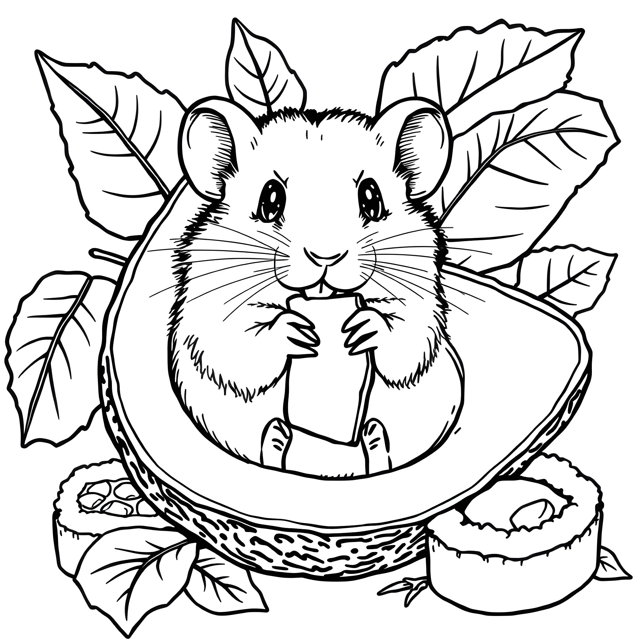 Hamster peeking out of a leaf basket Coloring Page (free black-and-white line drawing printable PDF for all, from beginners to advanced learners, including children, teens, adults, and seniors)