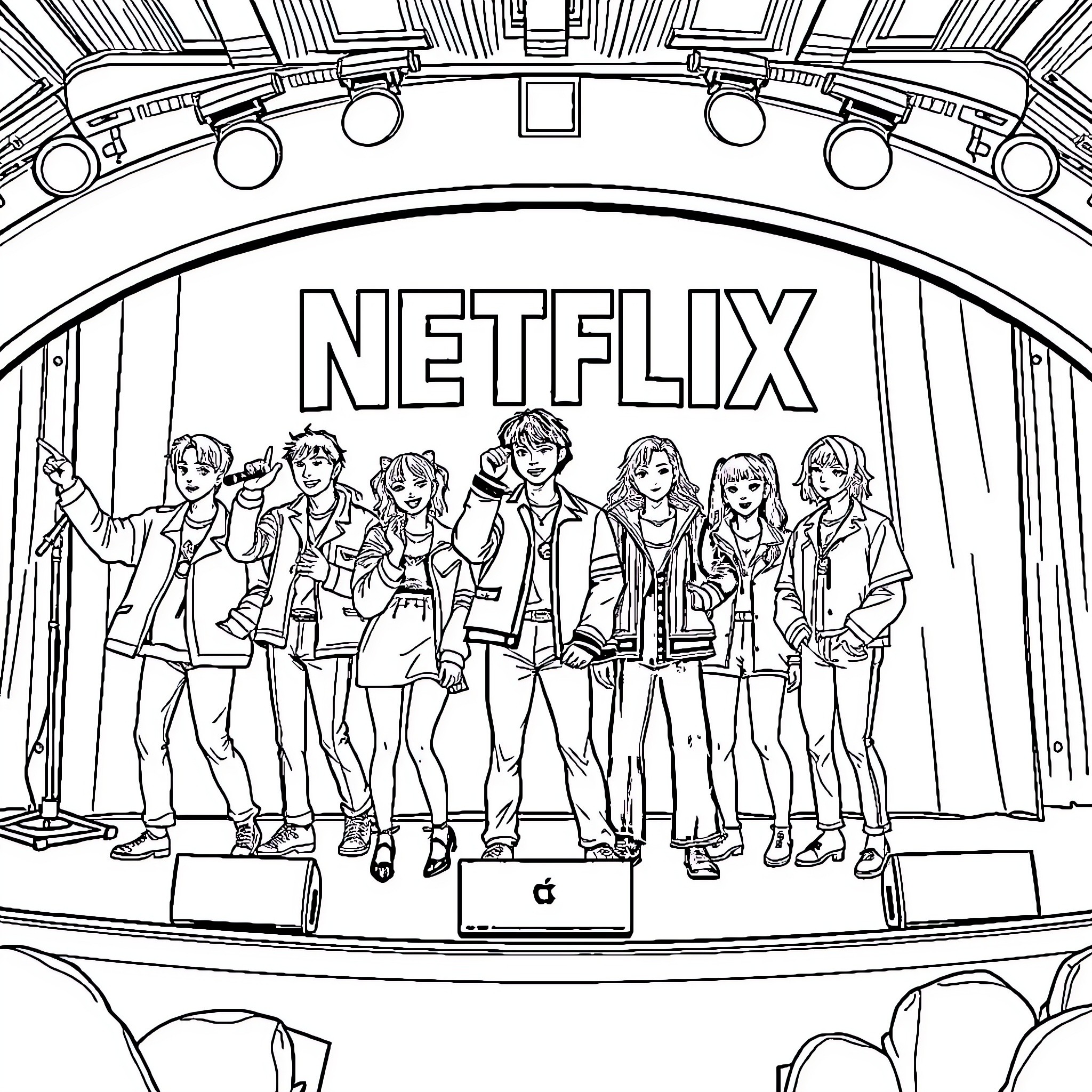 K Pop group performing on a Netflix stage Coloring Page (free black-and-white line drawing printable PDF for all, from beginners to advanced learners, including children, teens, adults, and seniors)
