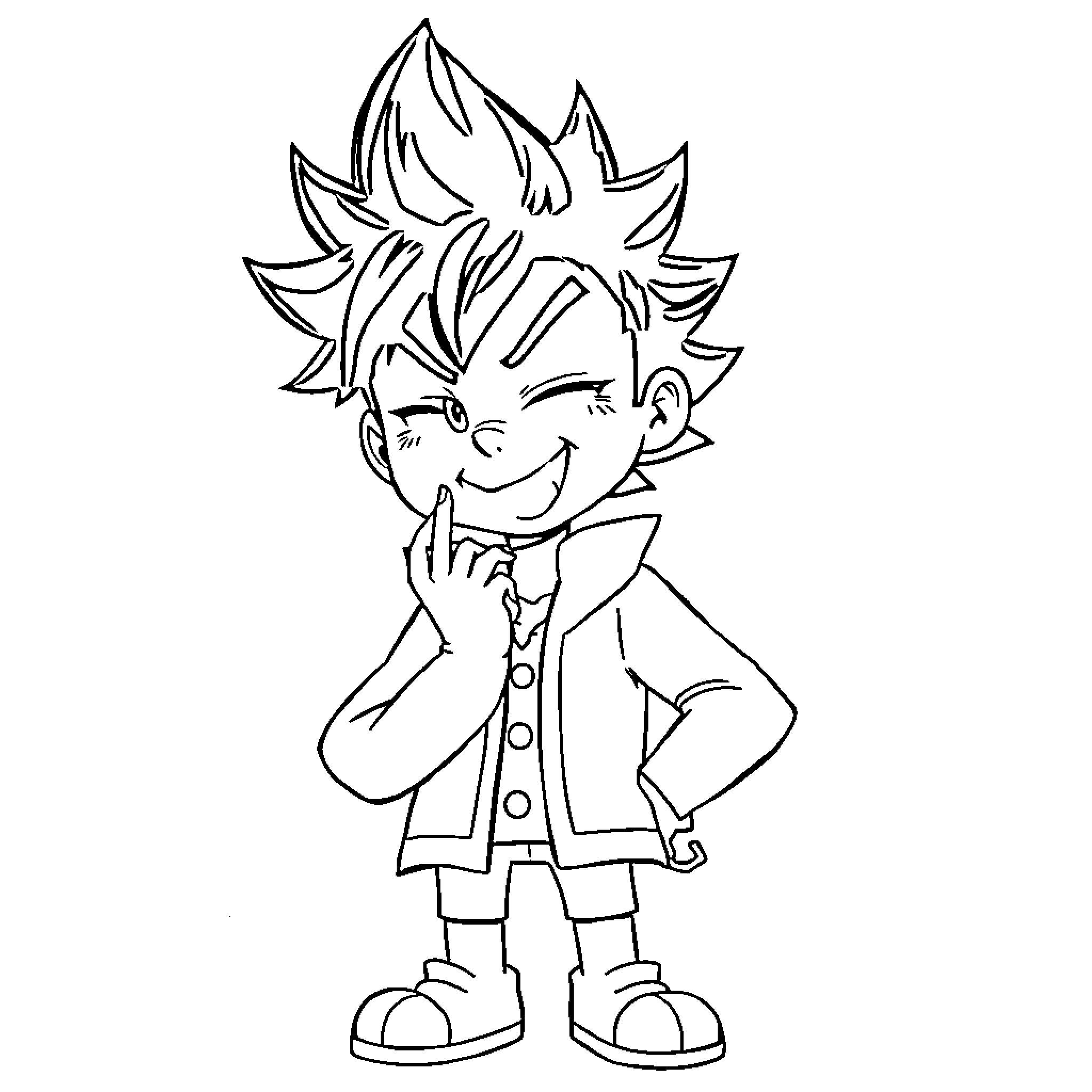 Bakugo posing with a confident smile Coloring Page (free black-and-white line drawing printable PDF for all, from beginners to advanced learners, including children, teens, adults, and seniors)