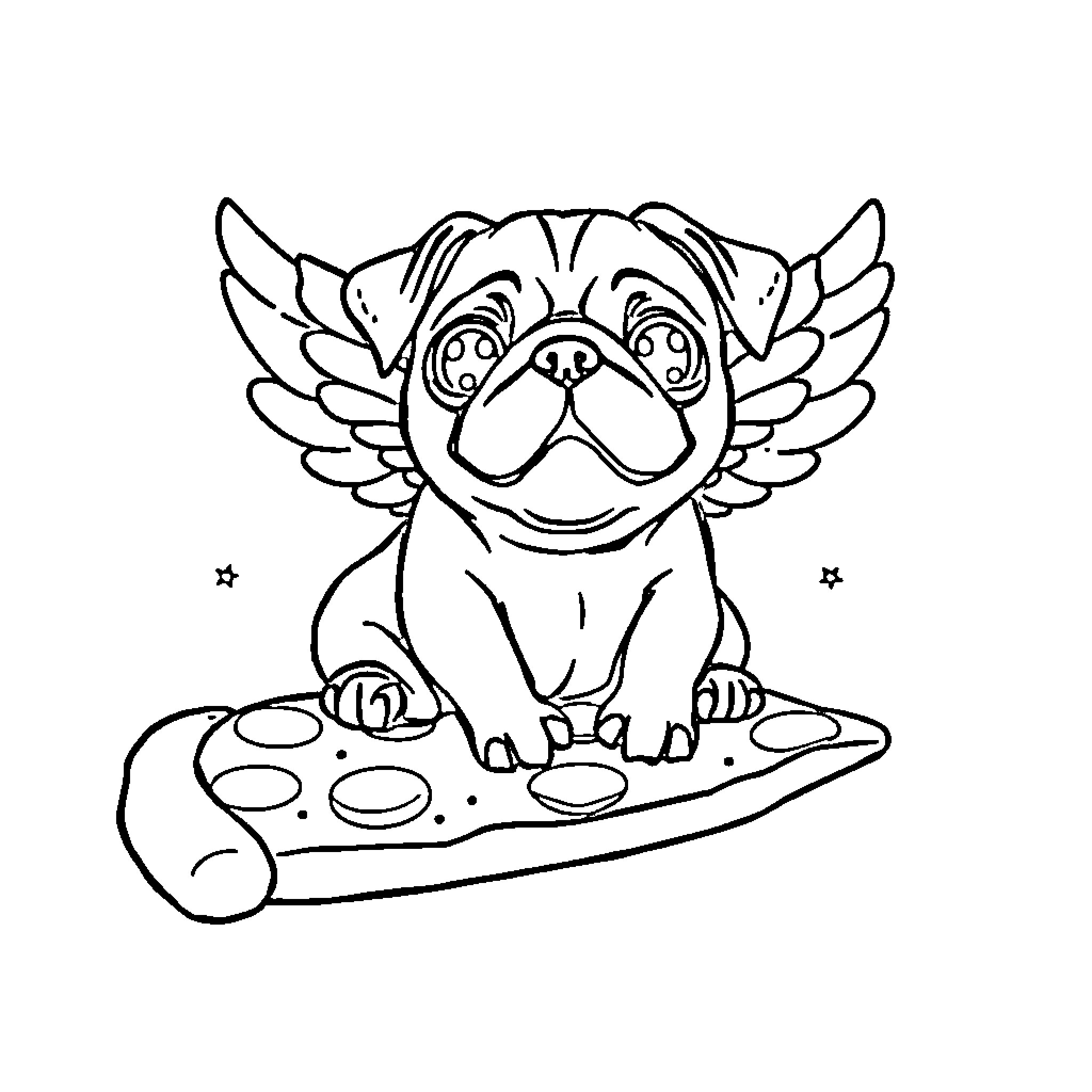 Pug with Angelic Wings Playing on Gaming Console Coloring Page (free black-and-white line drawing printable PDF for all, from beginners to advanced learners, including children, teens, adults, and seniors)
