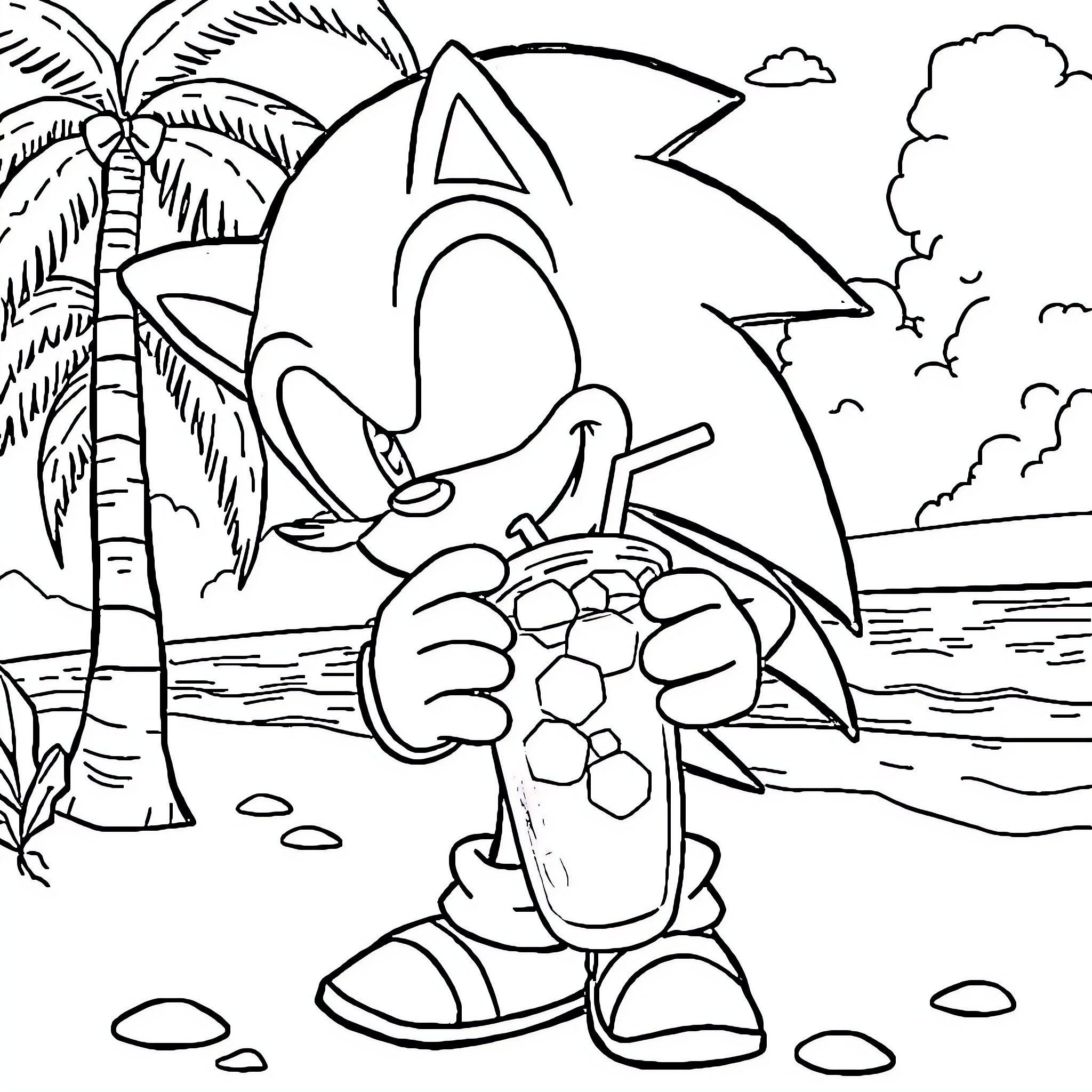Sonic enjoying a tropical beach adventure Coloring Page (free black-and-white line drawing printable PDF for all, from beginners to advanced learners, including children, teens, adults, and seniors)