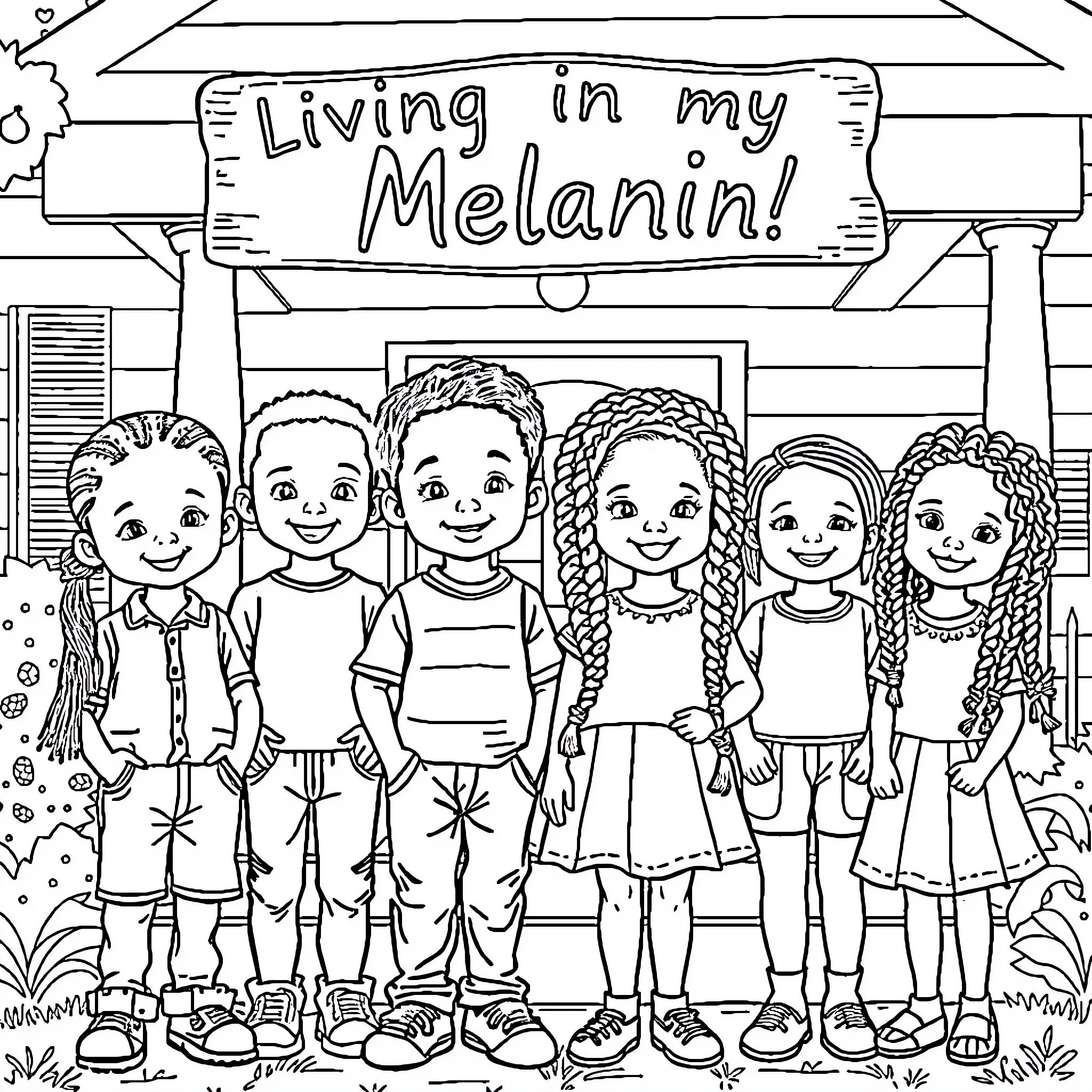 Children celebrating their melanin in joyful scene Coloring Page (free black-and-white line drawing printable PDF for all, from beginners to advanced learners, including children, teens, adults, and seniors)