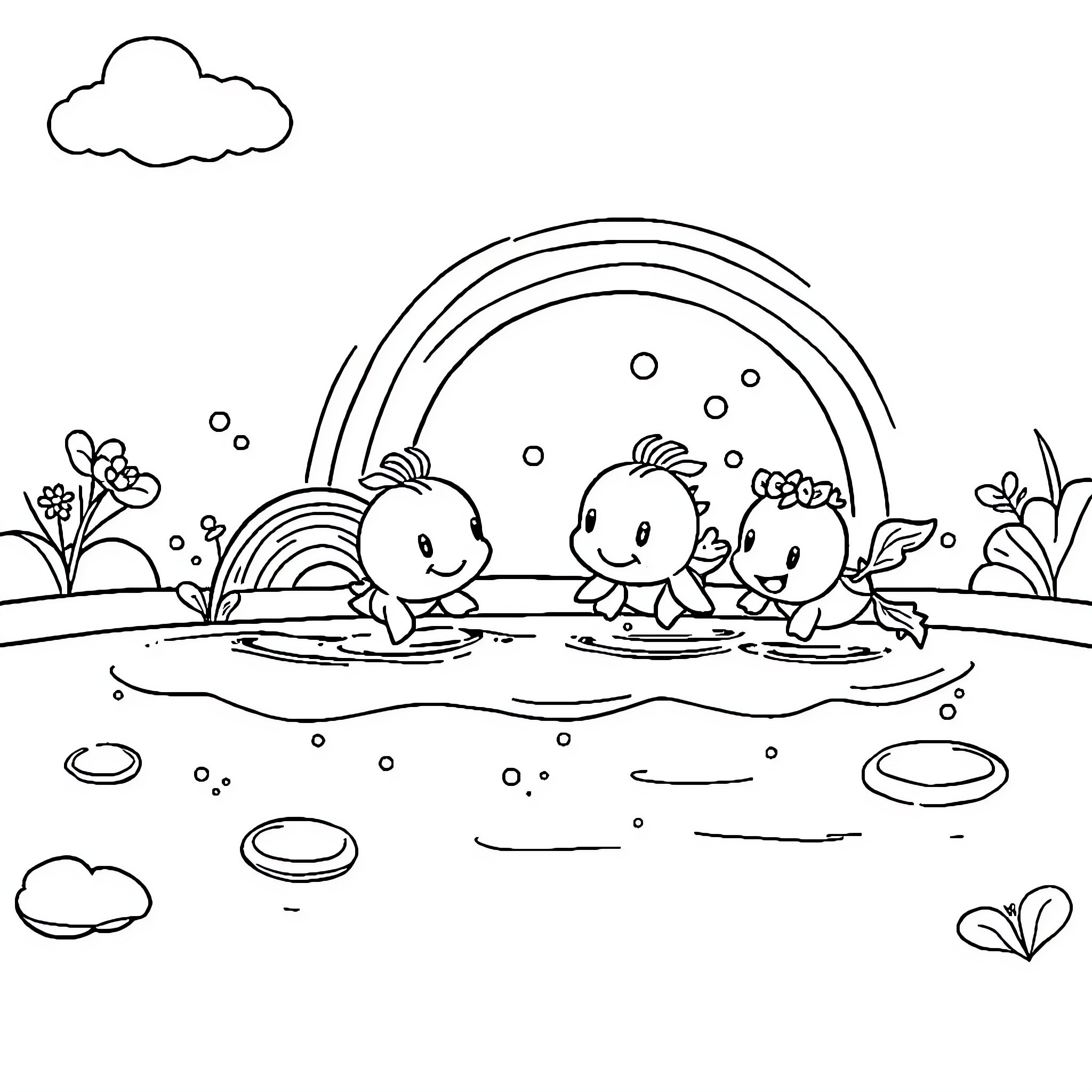 Friends Playing Joyfully in Puddle with Rainbow Coloring Page (free black-and-white line drawing printable PDF for all, from beginners to advanced learners, including children, teens, adults, and seniors)