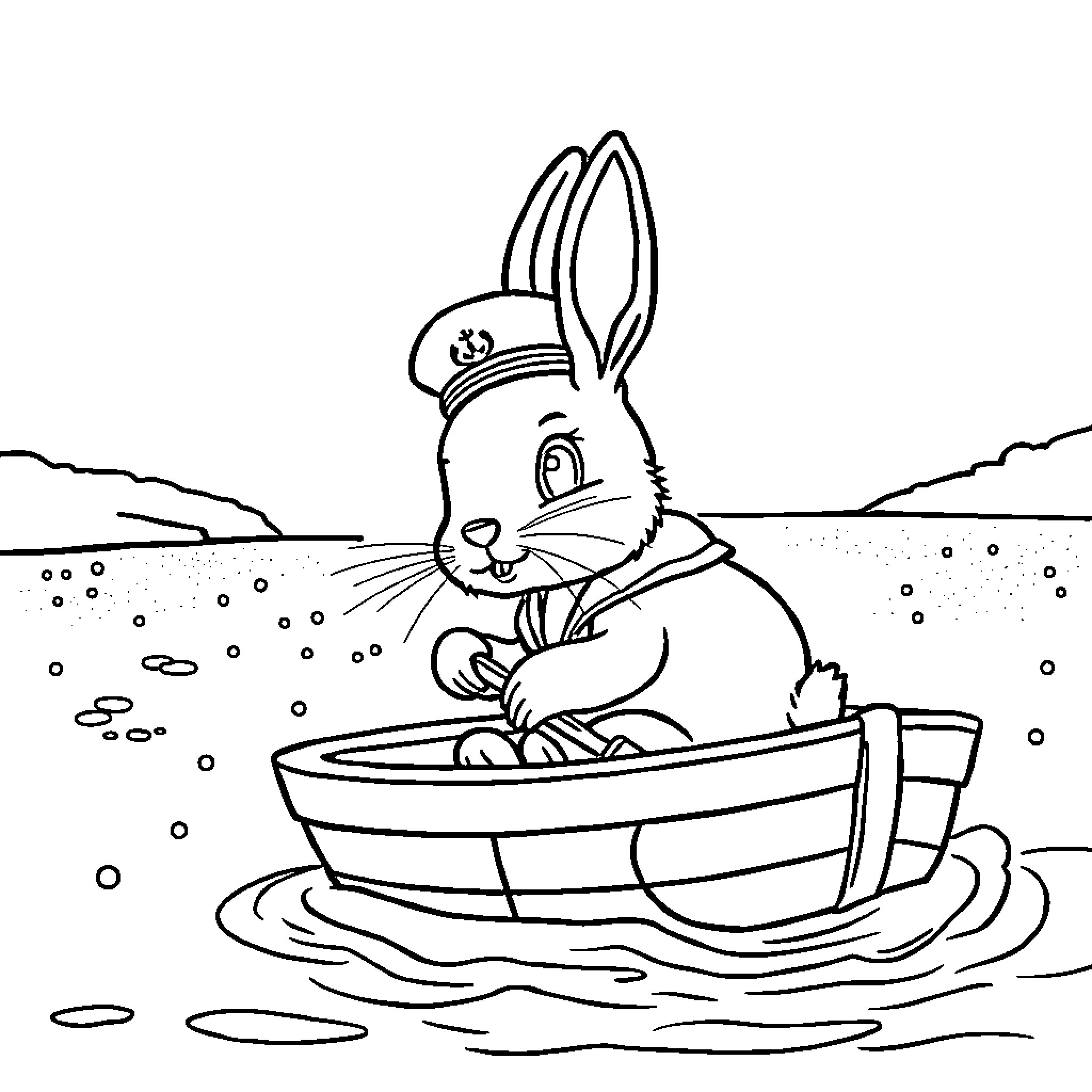 Bunny sailor boating in winter landscape Coloring Page (free black-and-white line drawing printable PDF for all, from beginners to advanced learners, including children, teens, adults, and seniors)