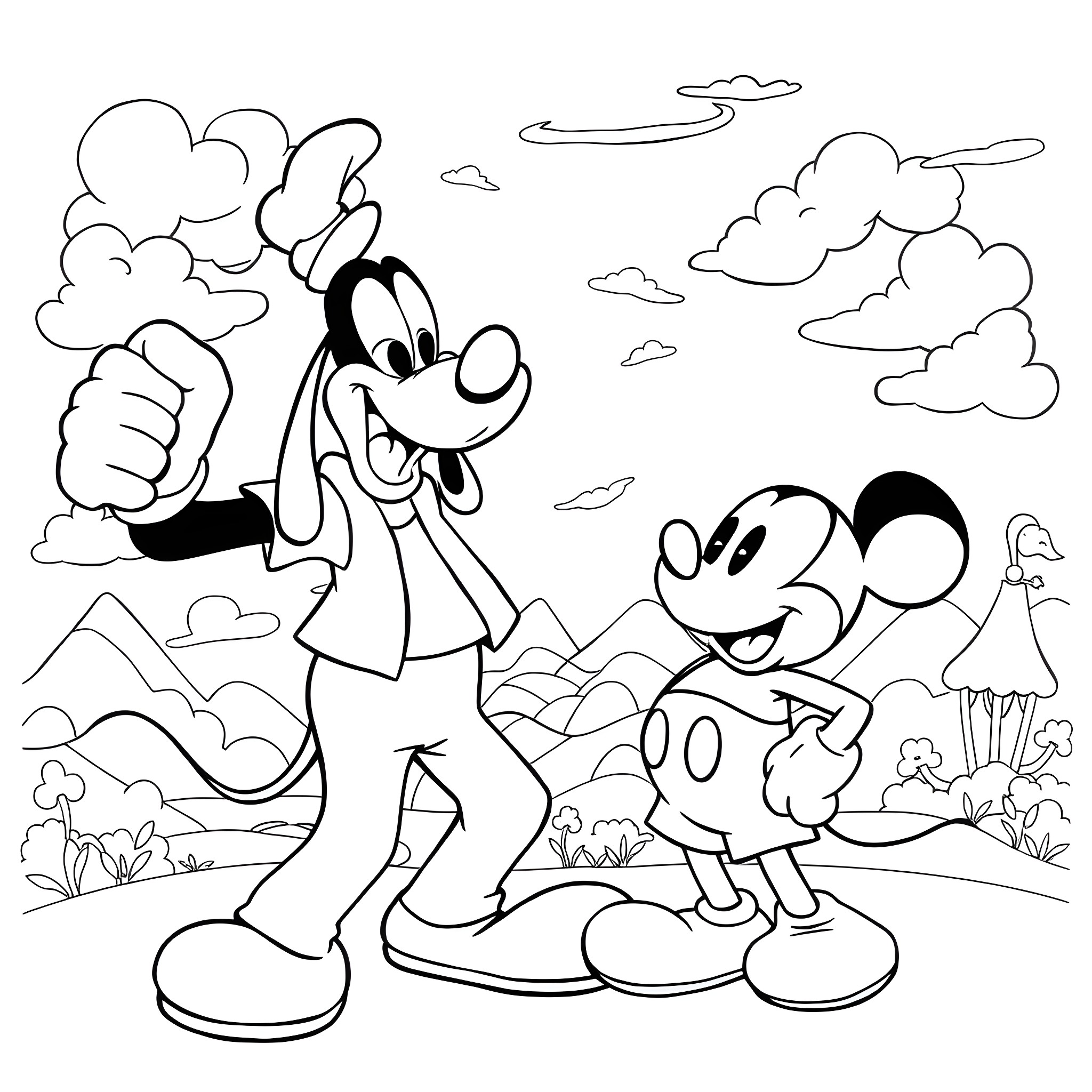 Goofy Duo's Playful Adventures Coloring Page (free black-and-white line drawing printable PDF for all, from beginners to advanced learners, including children, teens, adults, and seniors)
