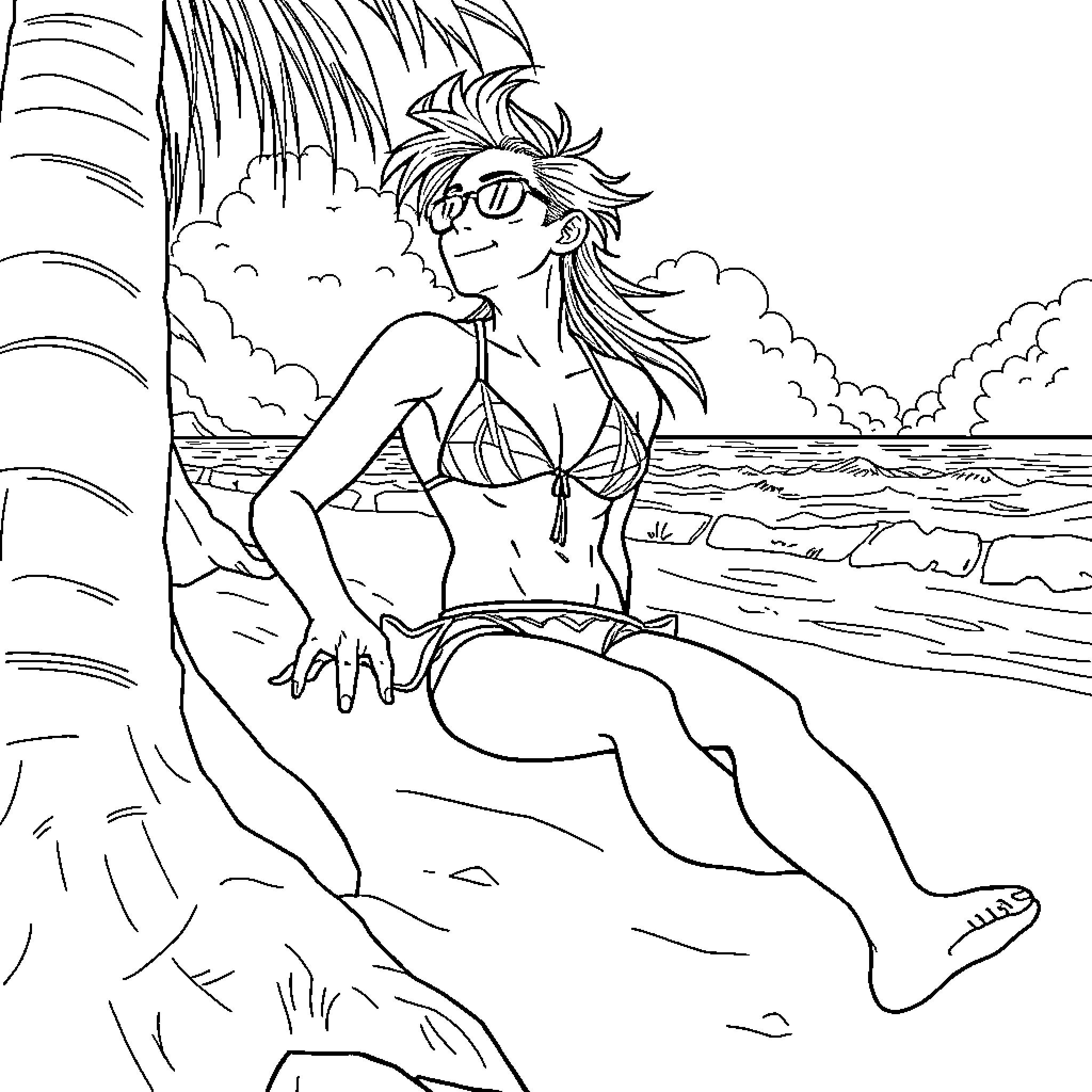 Astolfo relaxing on a tropical beach Coloring Page (free black-and-white line drawing printable PDF for all, from beginners to advanced learners, including children, teens, adults, and seniors)