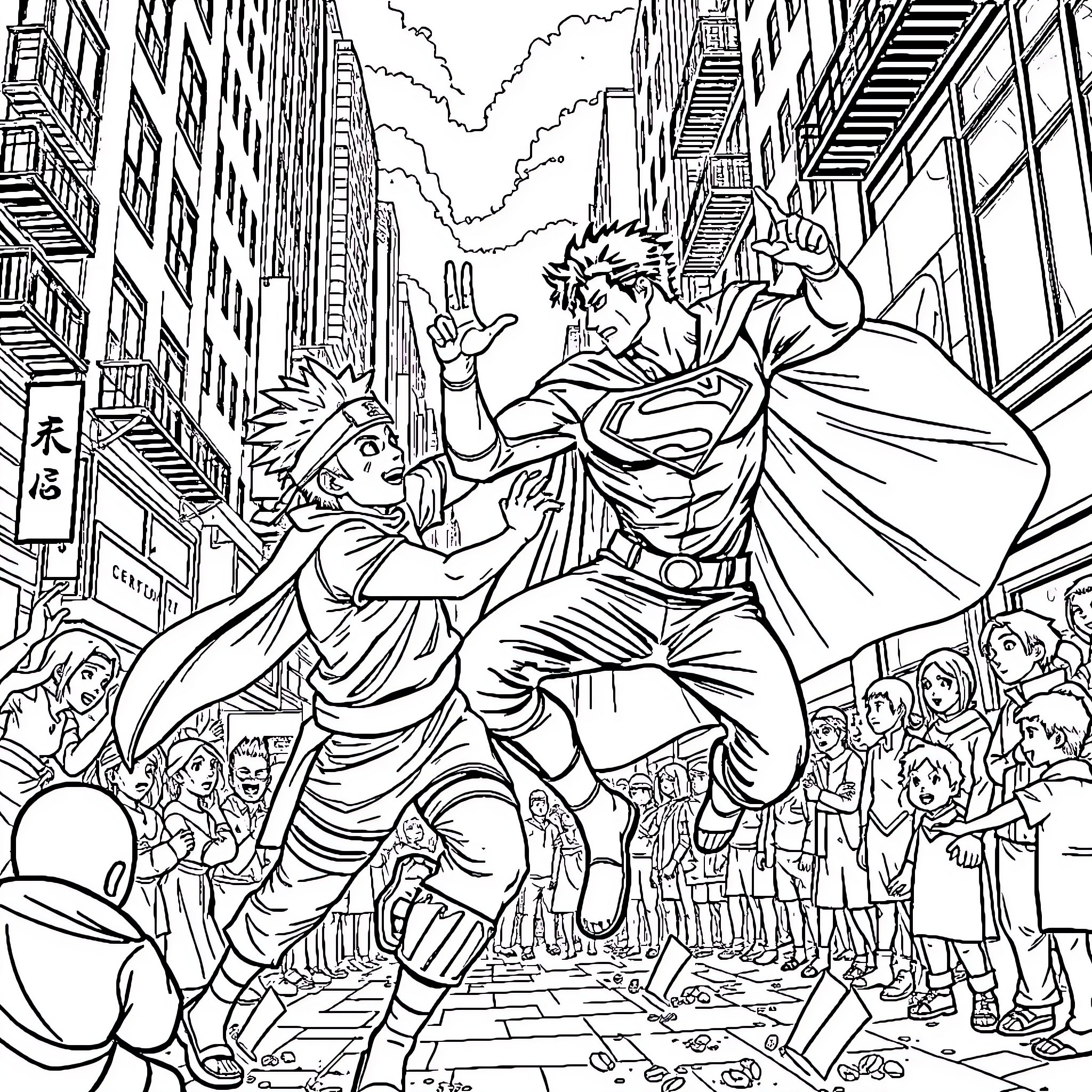 Superman heroically saving a civilian in the city Coloring Page (free black-and-white line drawing printable PDF for all, from beginners to advanced learners, including children, teens, adults, and seniors)