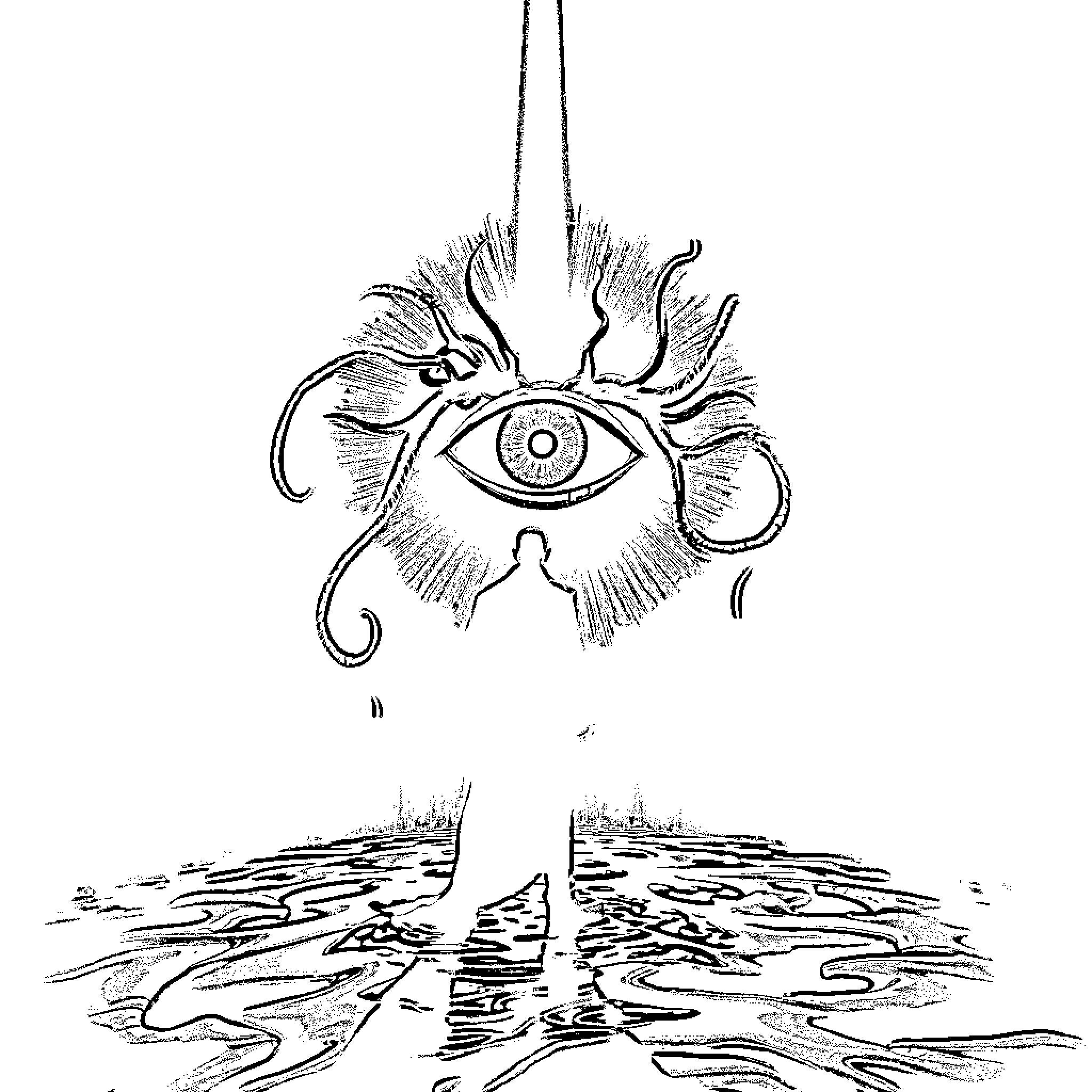 Man gazing upon mystical eye in the sky Coloring Page (free black-and-white line drawing printable PDF for all, from beginners to advanced learners, including children, teens, adults, and seniors)
