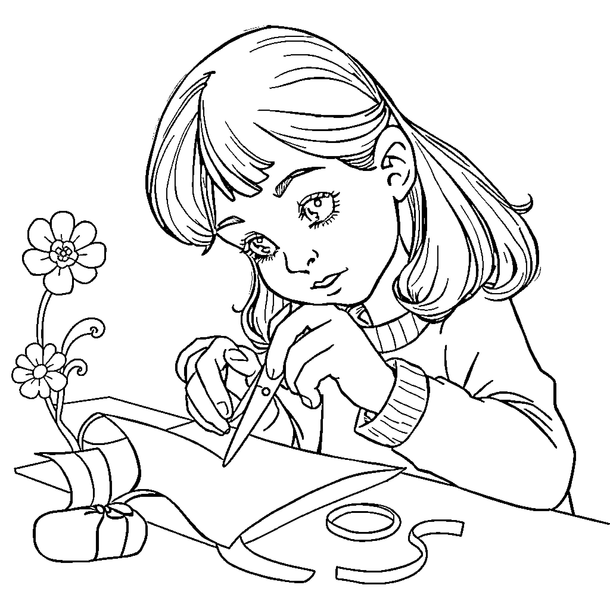 Girl Drawing Flowers in Notebook Coloring Page (free black-and-white line drawing printable PDF for all, from beginners to advanced learners, including children, teens, adults, and seniors)
