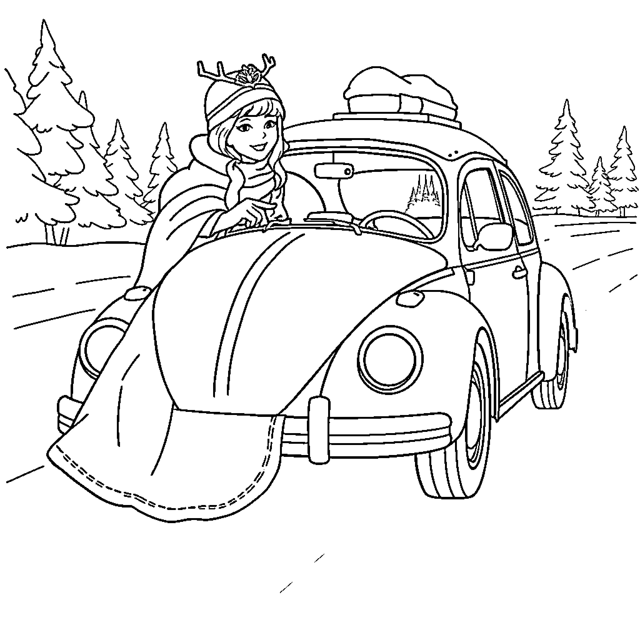 Queen traveling by vintage automobile in winter wonderland Coloring Page (free black-and-white line drawing printable PDF for all, from beginners to advanced learners, including children, teens, adults, and seniors)