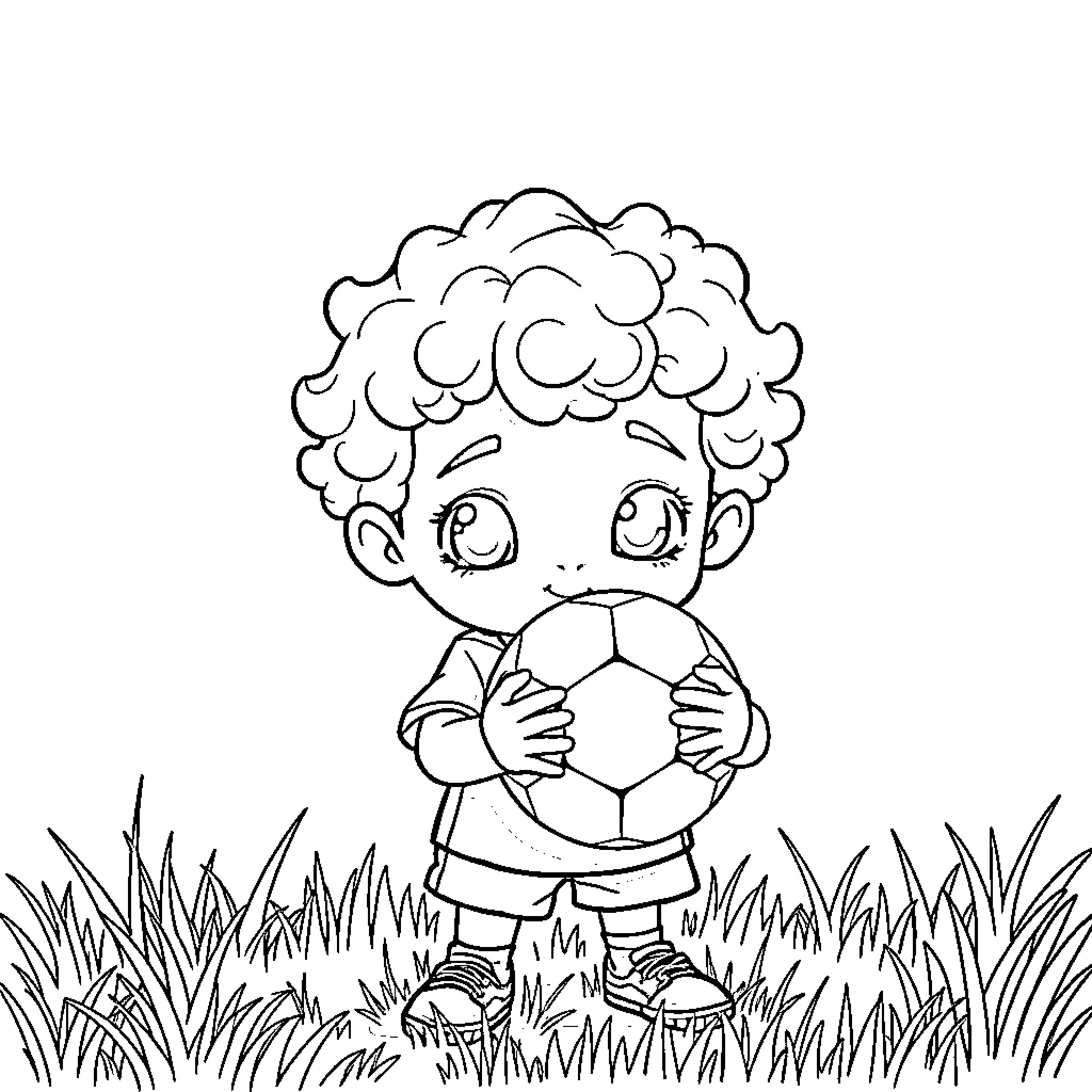 Boy playing with soccer ball in the field Coloring Page (free black-and-white line drawing printable PDF for all, from beginners to advanced learners, including children, teens, adults, and seniors)