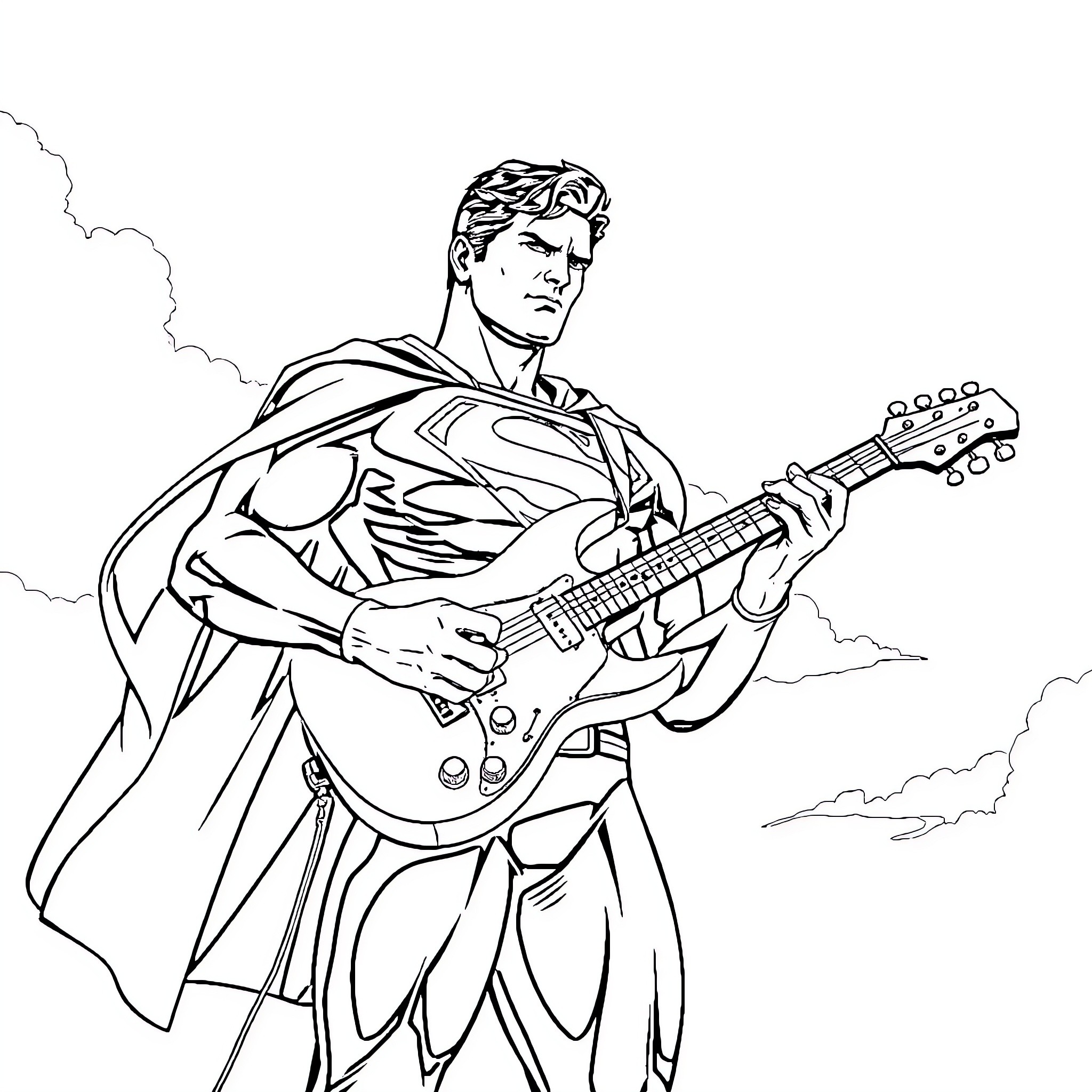 Superman playing electric guitar amidst clouds Coloring Page (free black-and-white line drawing printable PDF for all, from beginners to advanced learners, including children, teens, adults, and seniors)
