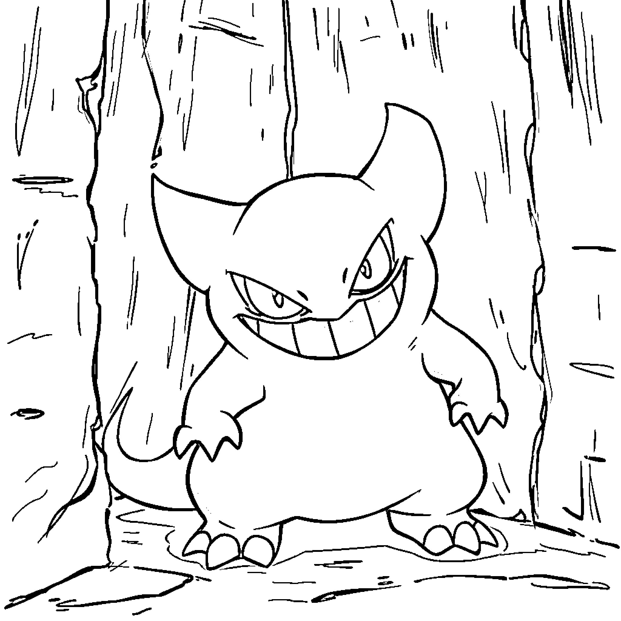 Gengar lurking in the dark forest Coloring Page (free black-and-white line drawing printable PDF for all, from beginners to advanced learners, including children, teens, adults, and seniors)