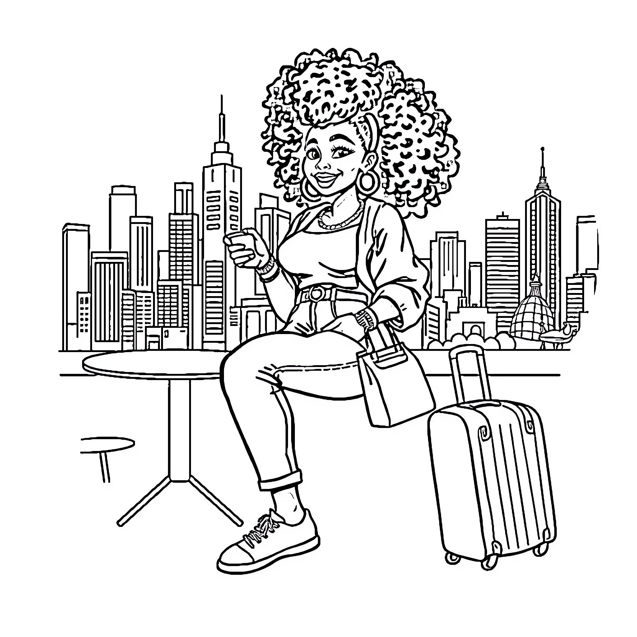 Woman with curly hair enjoying a city view Coloring Page (free black-and-white line drawing printable PDF for all, from beginners to advanced learners, including children, teens, adults, and seniors)