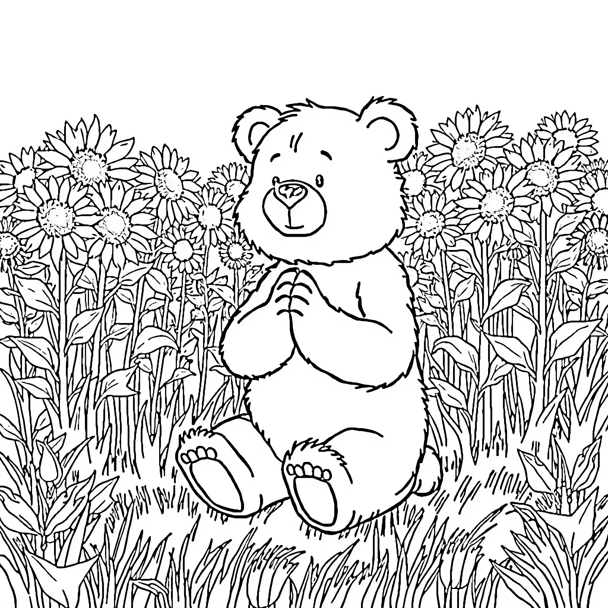 Bear relaxing among sunflowers in meadow Coloring Page (free black-and-white line drawing printable PDF for all, from beginners to advanced learners, including children, teens, adults, and seniors)