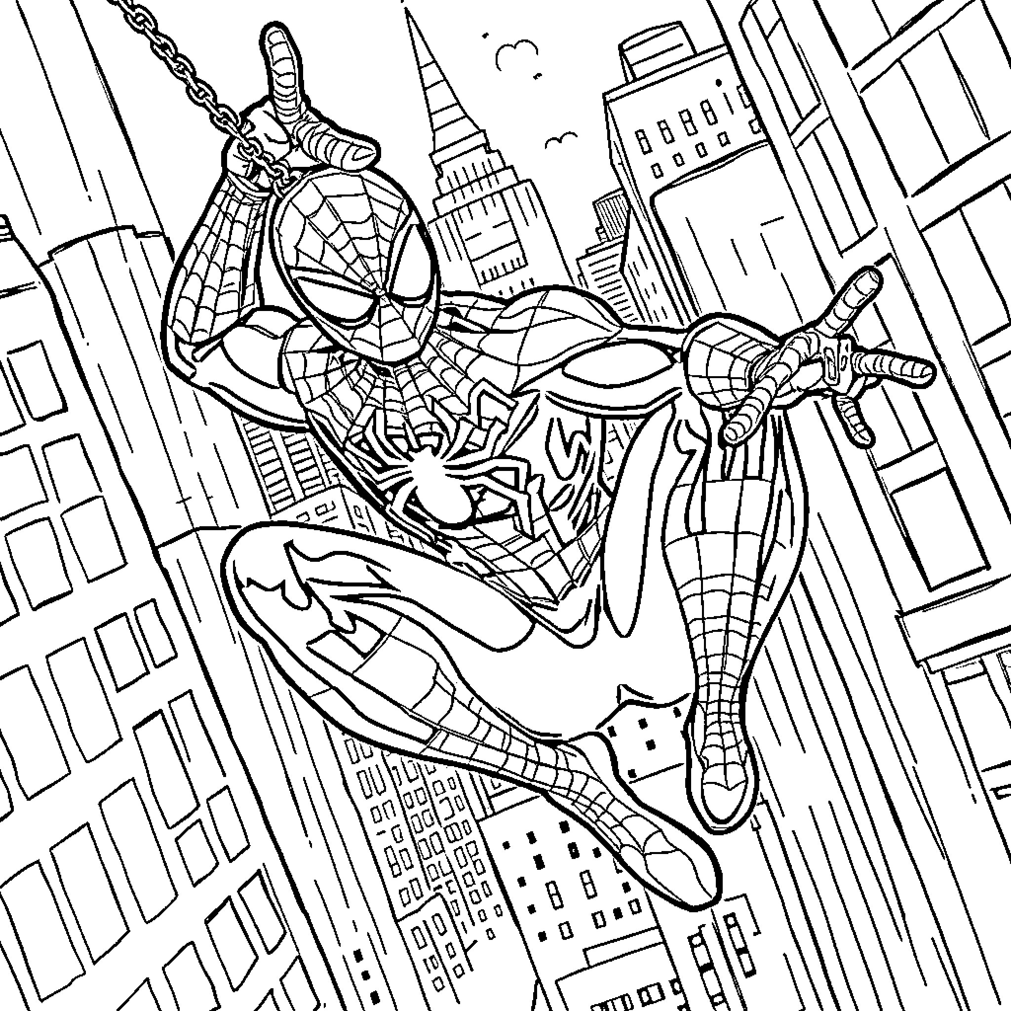 Spider-Man swinging through the city skyline Coloring Page (free black-and-white line drawing printable PDF for all, from beginners to advanced learners, including children, teens, adults, and seniors)