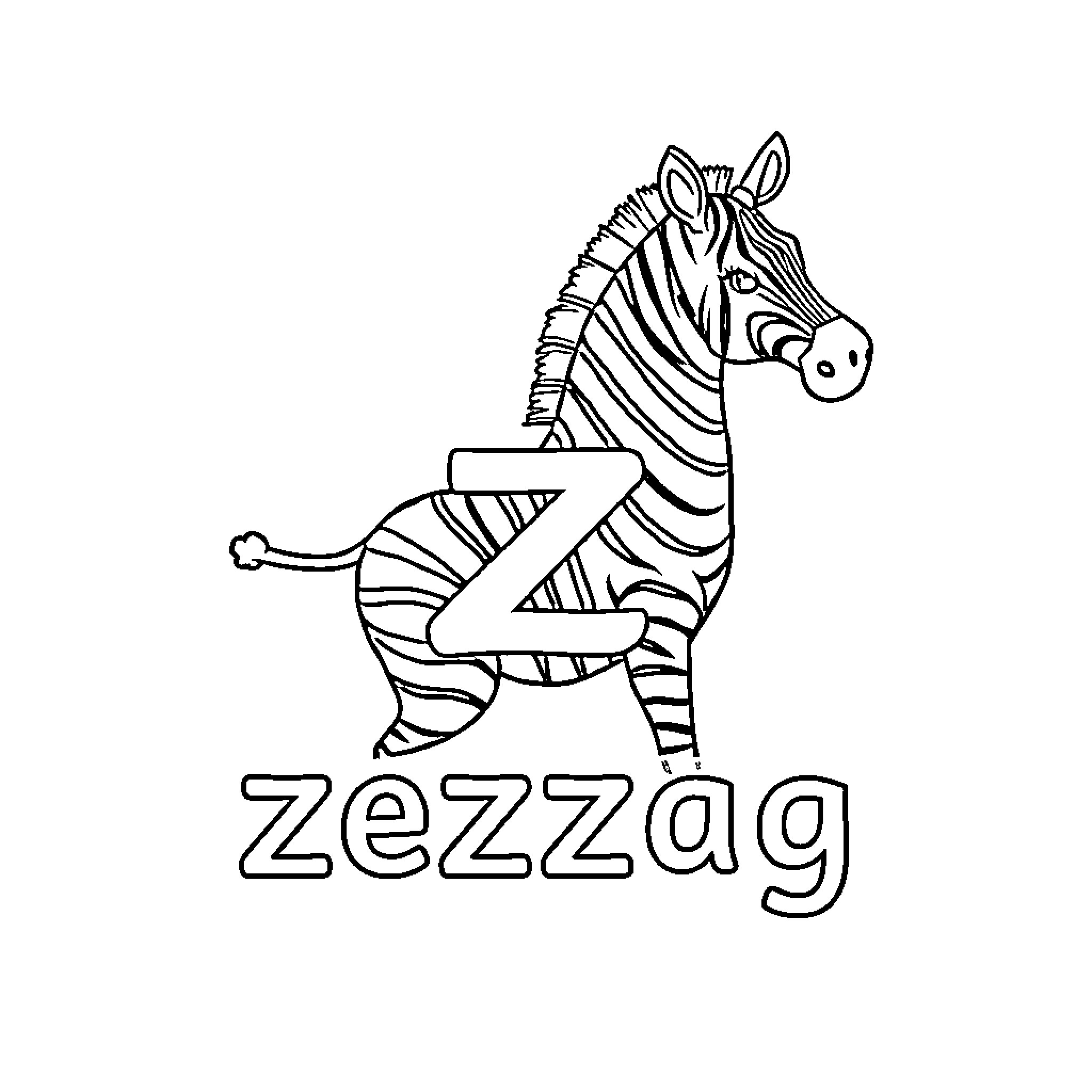 Word Zebra with Playful Pattern Coloring Page (free black-and-white line drawing printable PDF for all, from beginners to advanced learners, including children, teens, adults, and seniors)