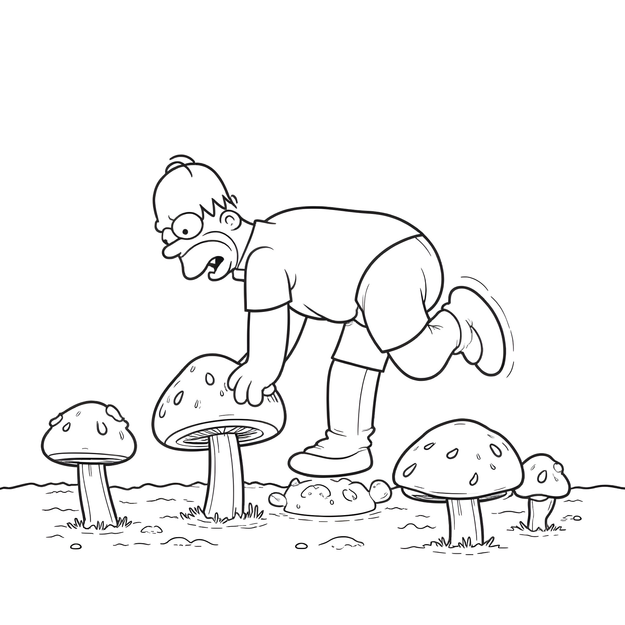 Homer Simpson admiring mushrooms in the forest Coloring Page (free black-and-white line drawing printable PDF for all, from beginners to advanced learners, including children, teens, adults, and seniors)