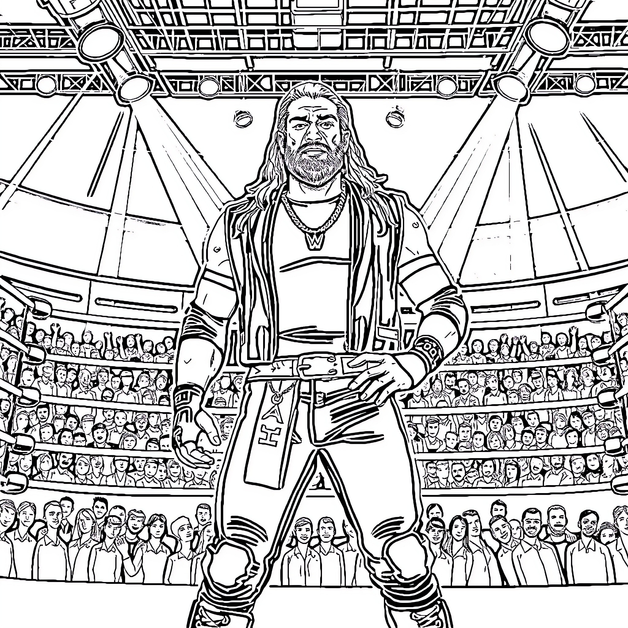 Seth Rollins Dominates the WWE Stage Coloring Page (free black-and-white line drawing printable PDF for all, from beginners to advanced learners, including children, teens, adults, and seniors)