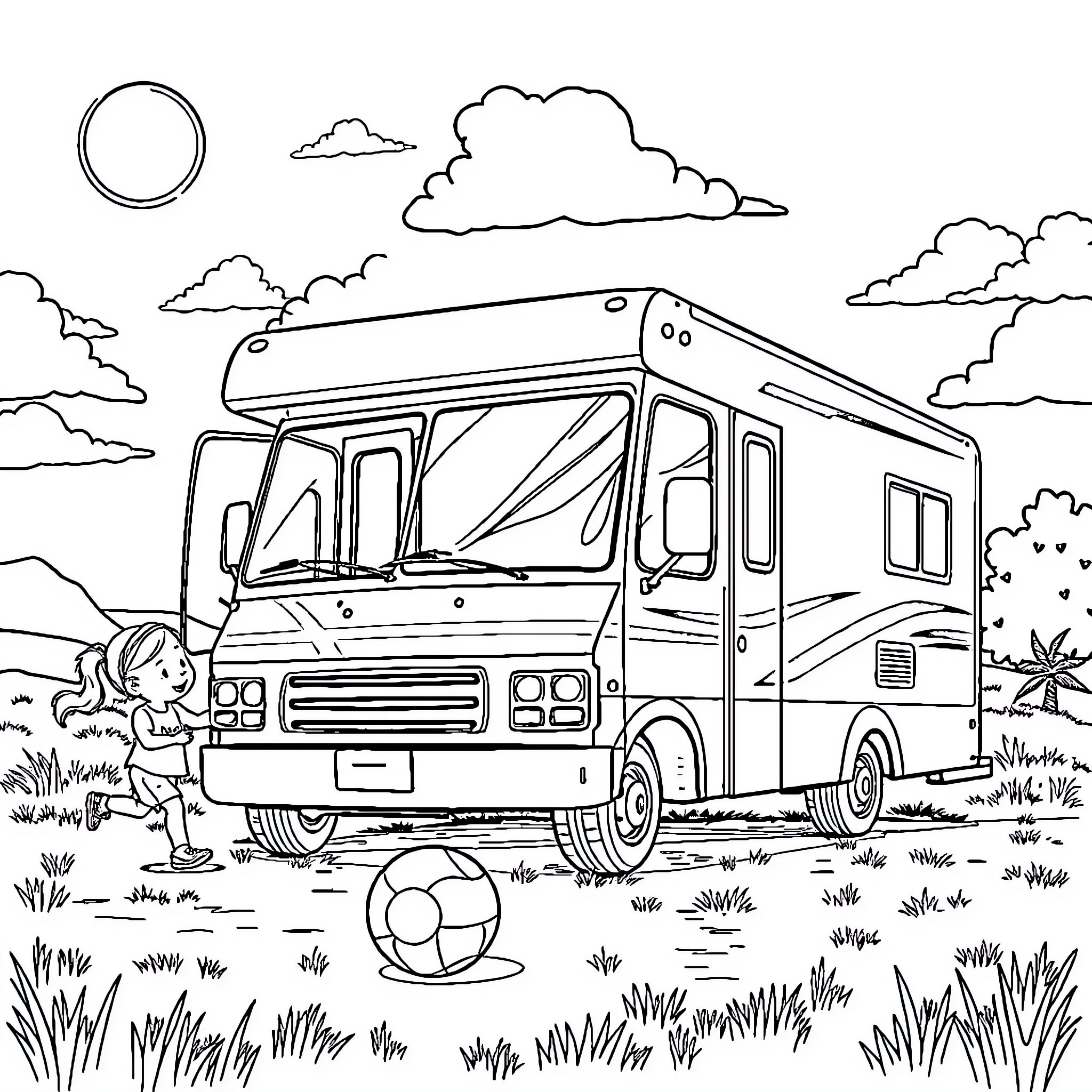 RV adventure in the countryside Coloring Page (free black-and-white line drawing printable PDF for all, from beginners to advanced learners, including children, teens, adults, and seniors)