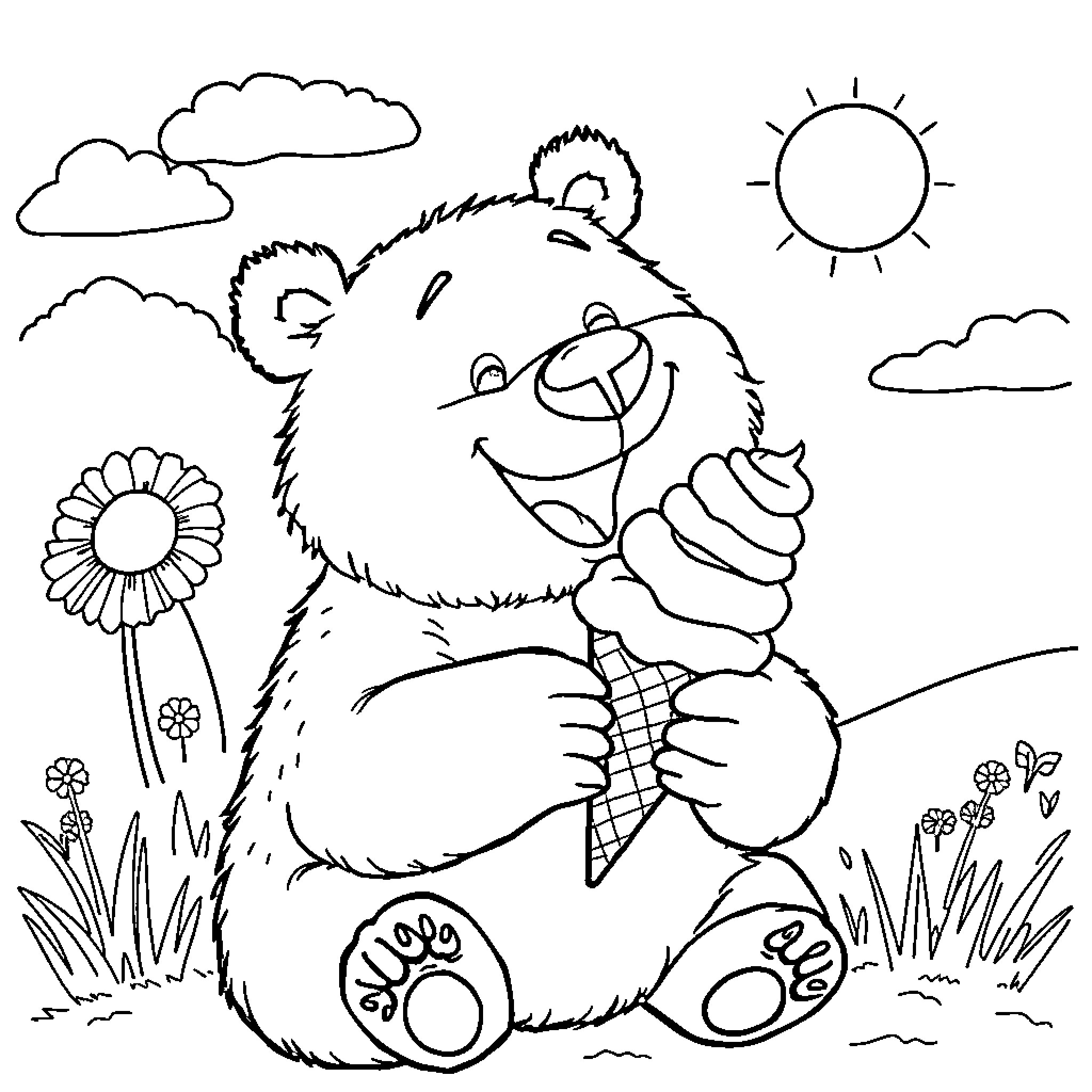 Bear Enjoying Sunny Day with Flowers Coloring Page (free black-and-white line drawing printable PDF for all, from beginners to advanced learners, including children, teens, adults, and seniors)