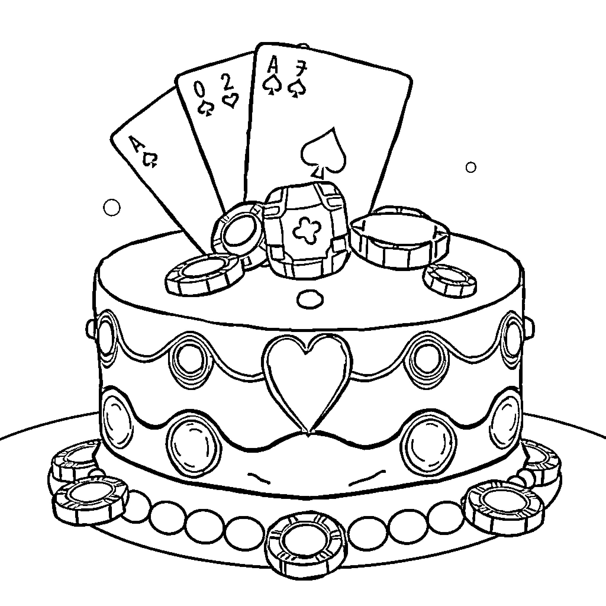 Cake Topper with Playing Cards and Gambling Chips Coloring Page (free black-and-white line drawing printable PDF for all, from beginners to advanced learners, including children, teens, adults, and seniors)