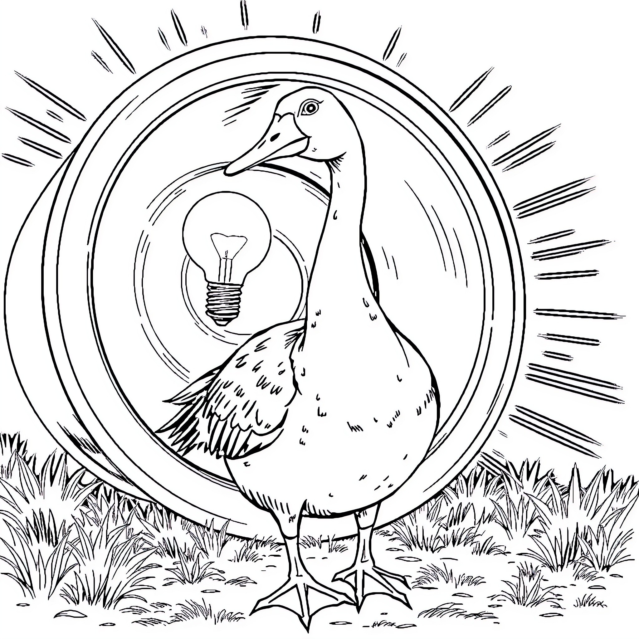 Goose with a Bright Idea Coloring Page (free black-and-white line drawing printable PDF for all, from beginners to advanced learners, including children, teens, adults, and seniors)