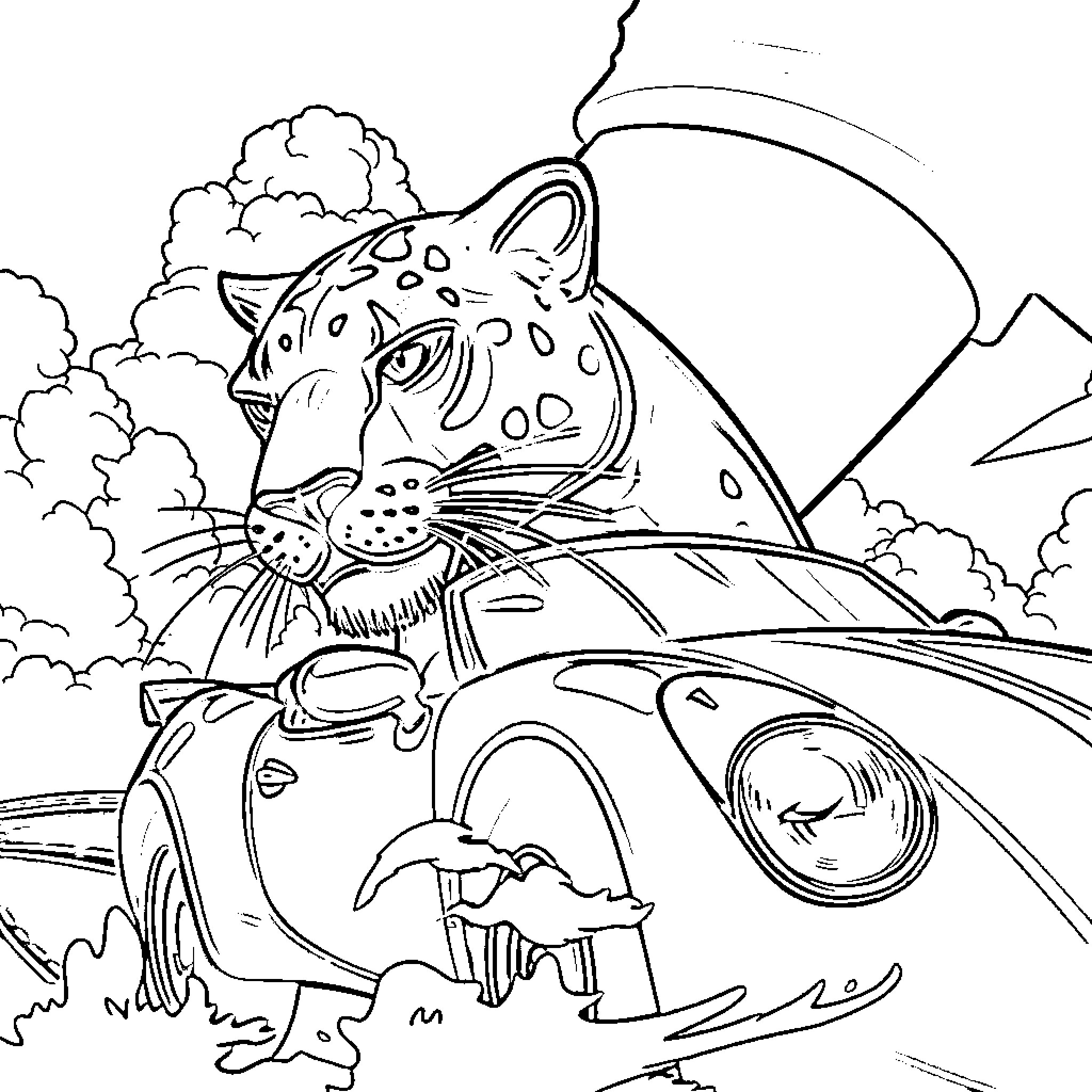 Panther riding a vintage car through the clouds Coloring Page (free black-and-white line drawing printable PDF for all, from beginners to advanced learners, including children, teens, adults, and seniors)