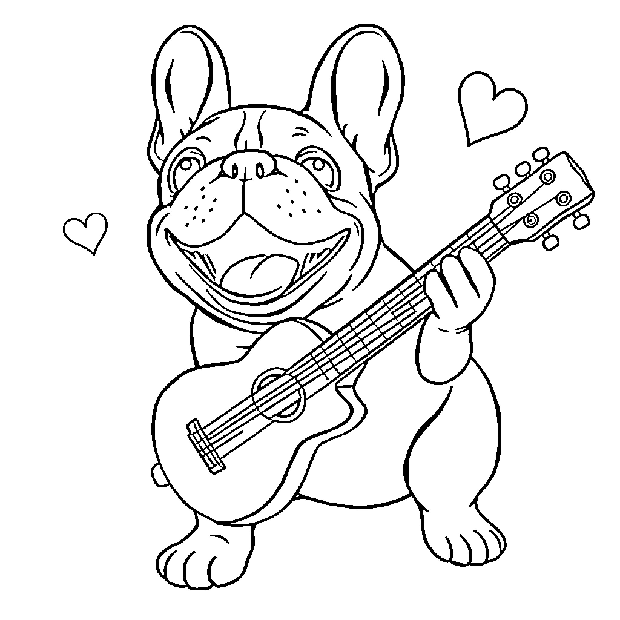 Frenchie playing guitar with hearts Coloring Page (free black-and-white line drawing printable PDF for all, from beginners to advanced learners, including children, teens, adults, and seniors)