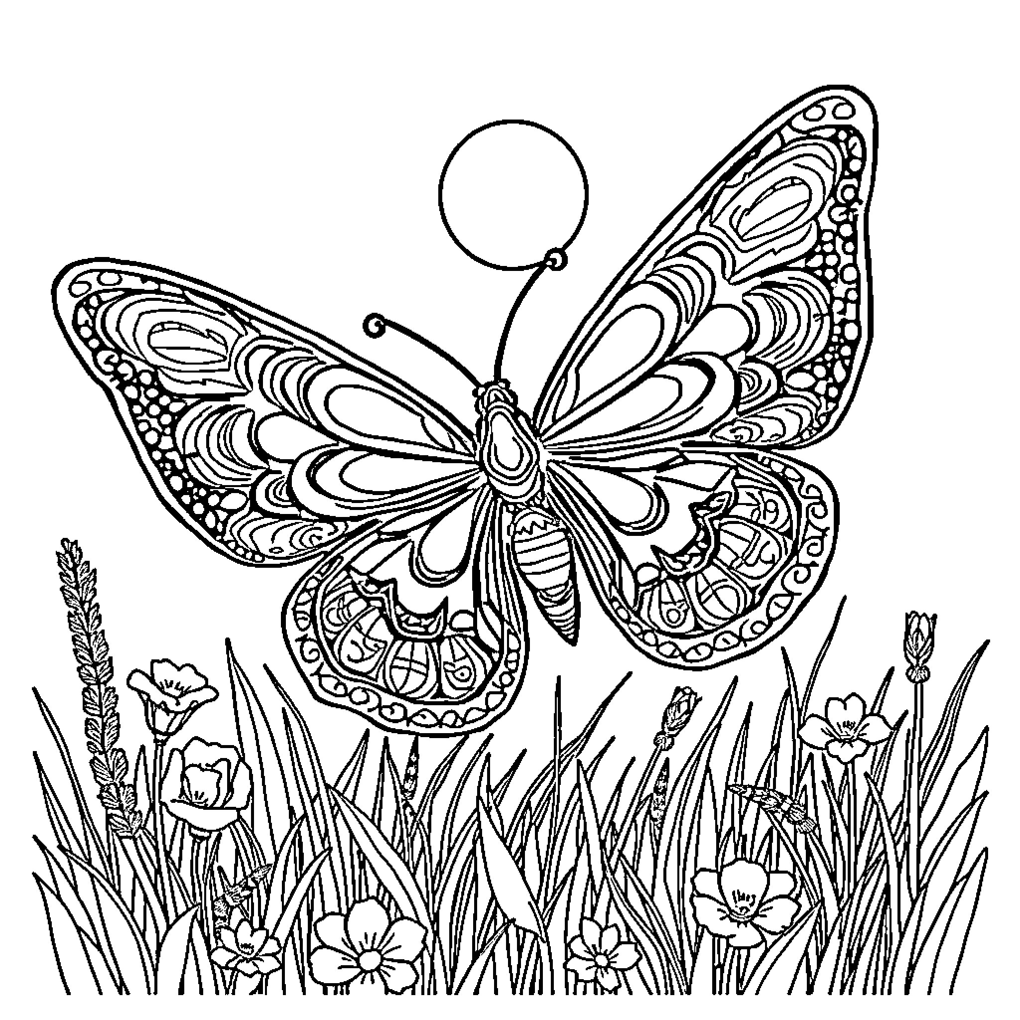 Butterfly in a Floral Garden Coloring Page (free black-and-white line drawing printable PDF for all, from beginners to advanced learners, including children, teens, adults, and seniors)