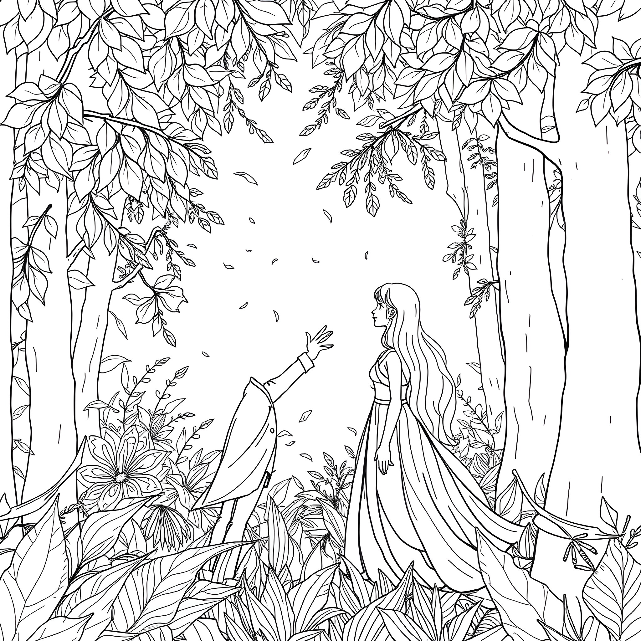 Gale Dekarios: Woman in floral forest Coloring Page (free black-and-white line drawing printable PDF for all, from beginners to advanced learners, including children, teens, adults, and seniors)