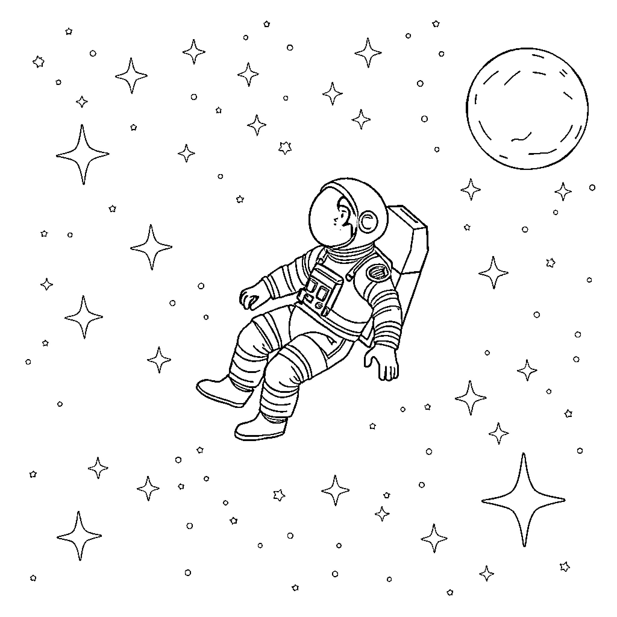 Astronaut exploring the starry night sky Coloring Page (free black-and-white line drawing printable PDF for all, from beginners to advanced learners, including children, teens, adults, and seniors)