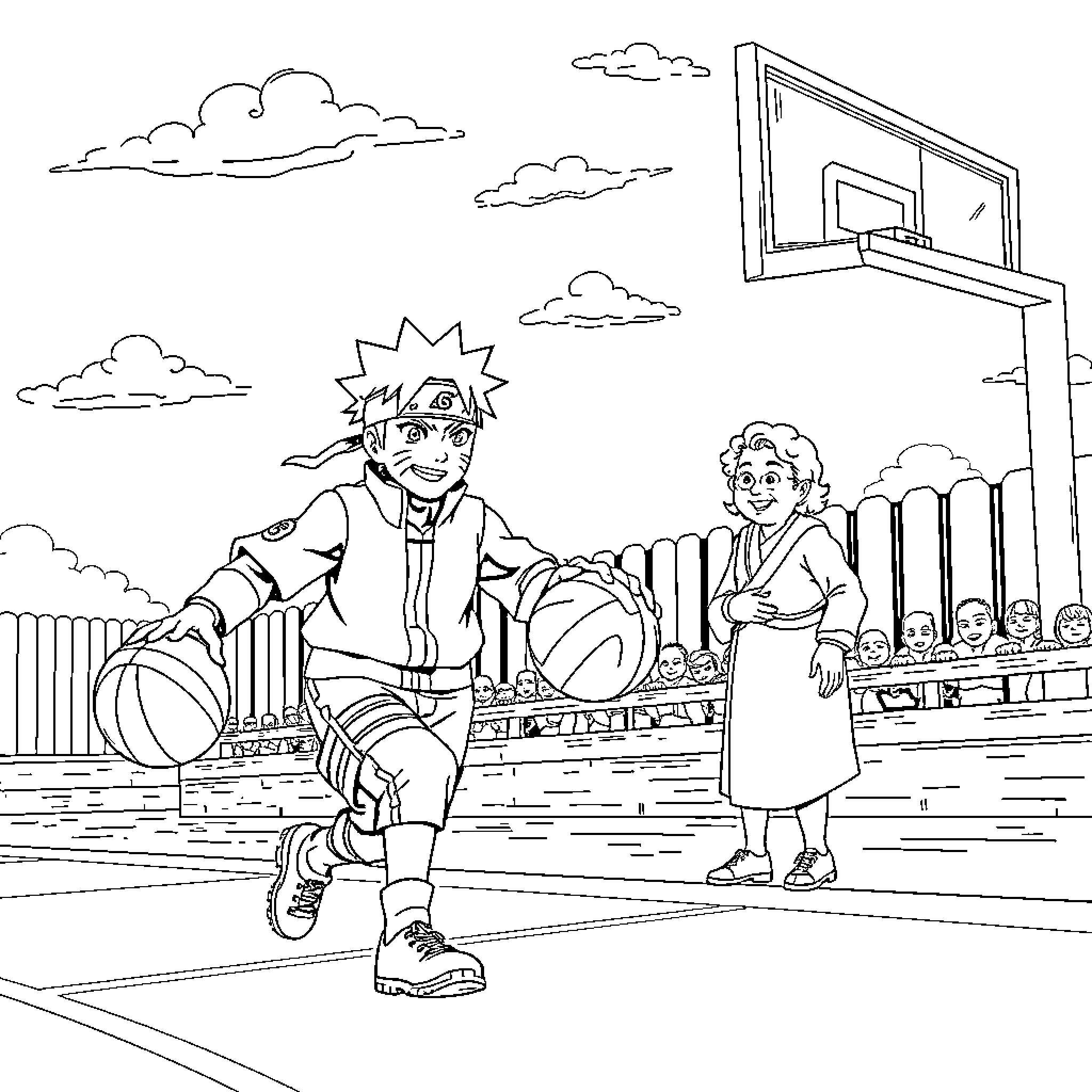 Naruto playing basketball with friends on the court Coloring Page (free black-and-white line drawing printable PDF for all, from beginners to advanced learners, including children, teens, adults, and seniors)