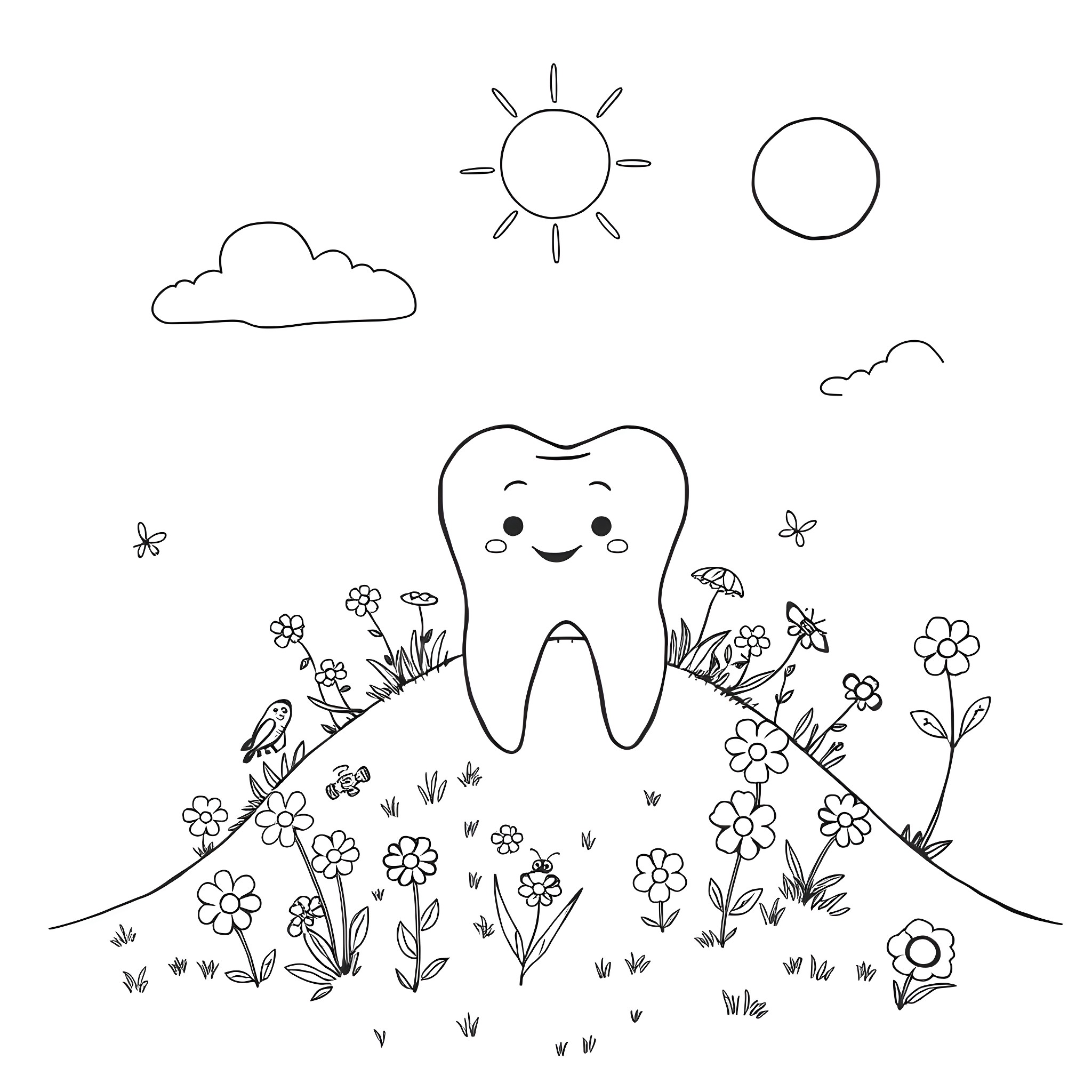 Tooth playing in a floral meadow Coloring Page (free black-and-white line drawing printable PDF for all, from beginners to advanced learners, including children, teens, adults, and seniors)