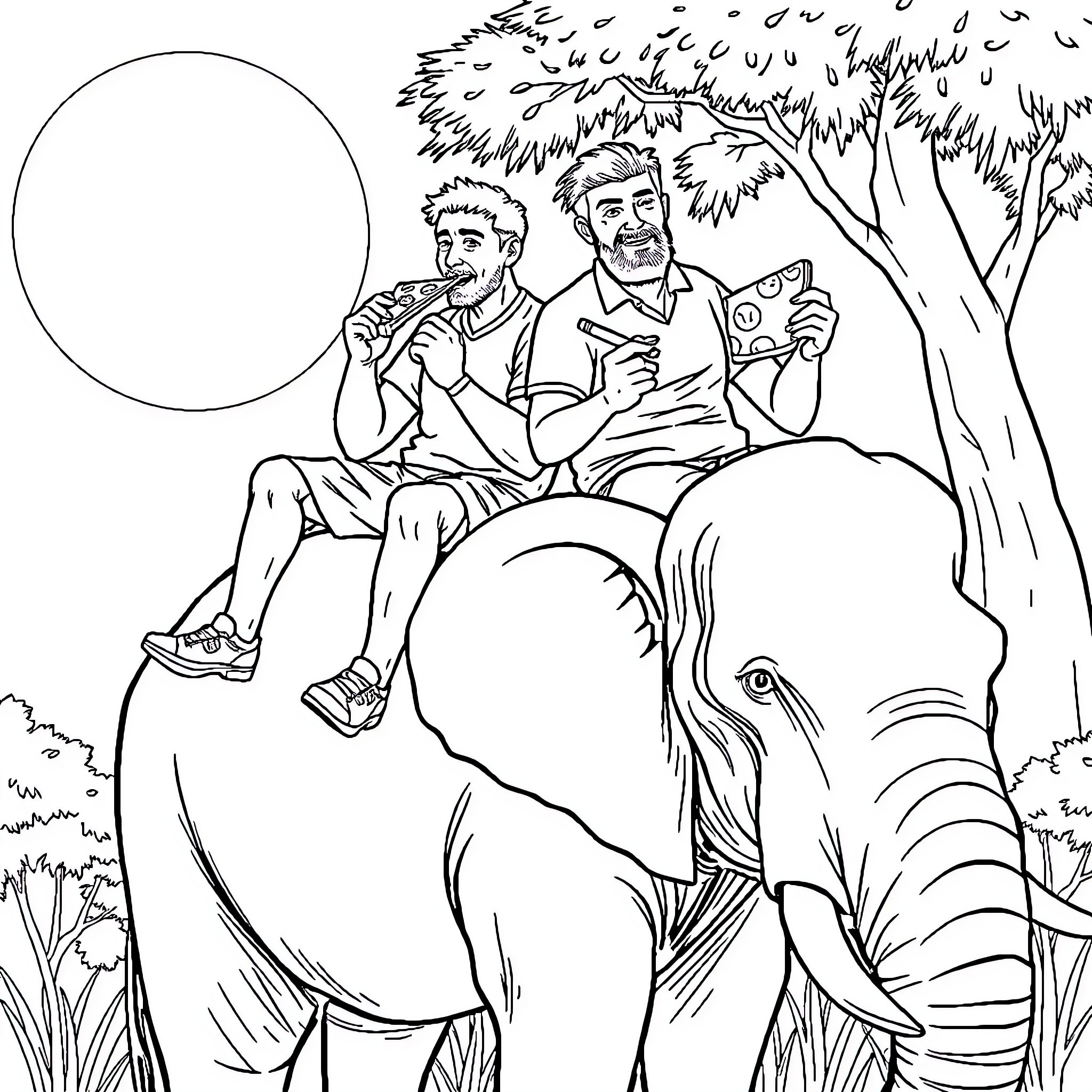 Man enjoying nature with friend on elephant Coloring Page (free black-and-white line drawing printable PDF for all, from beginners to advanced learners, including children, teens, adults, and seniors)