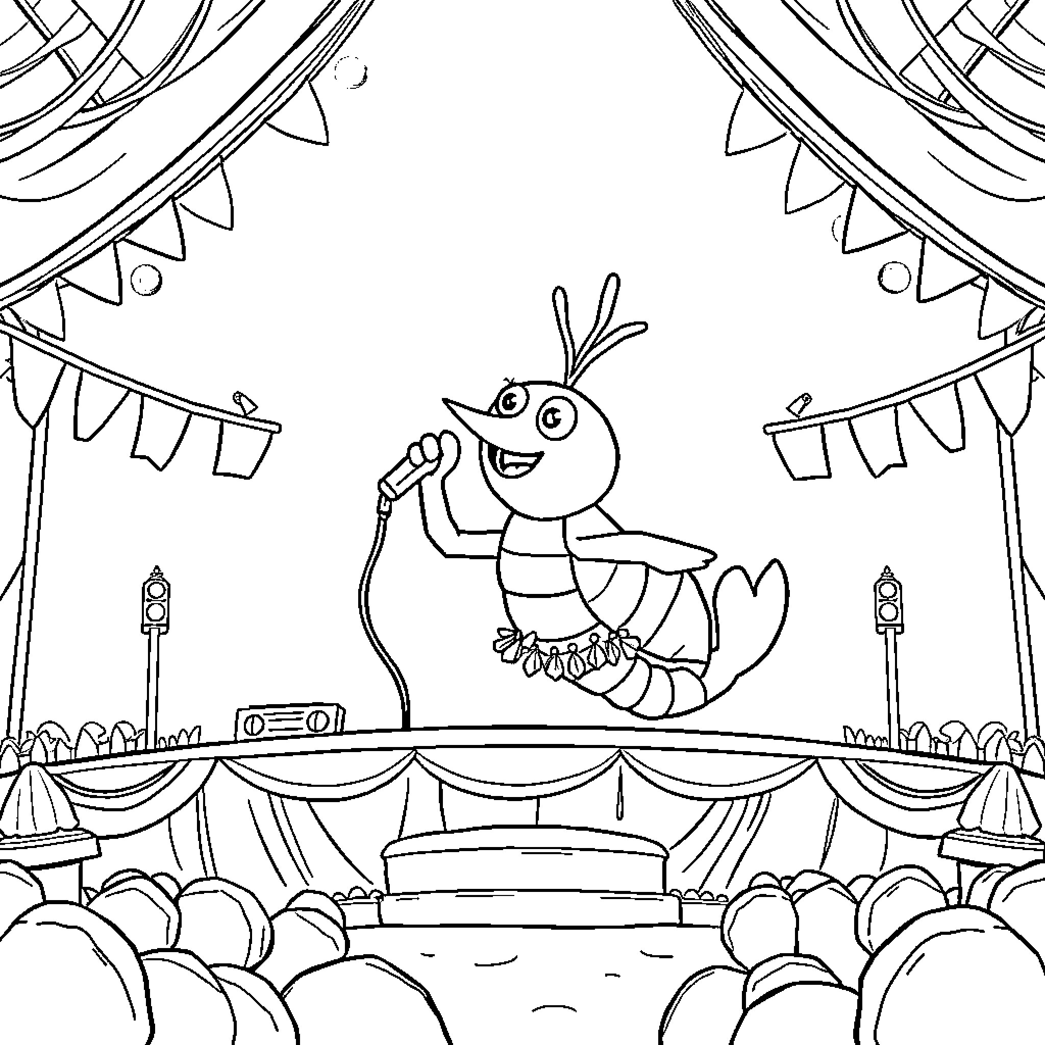 Shrimp performing on a stage for an audience Coloring Page (free black-and-white line drawing printable PDF for all, from beginners to advanced learners, including children, teens, adults, and seniors)