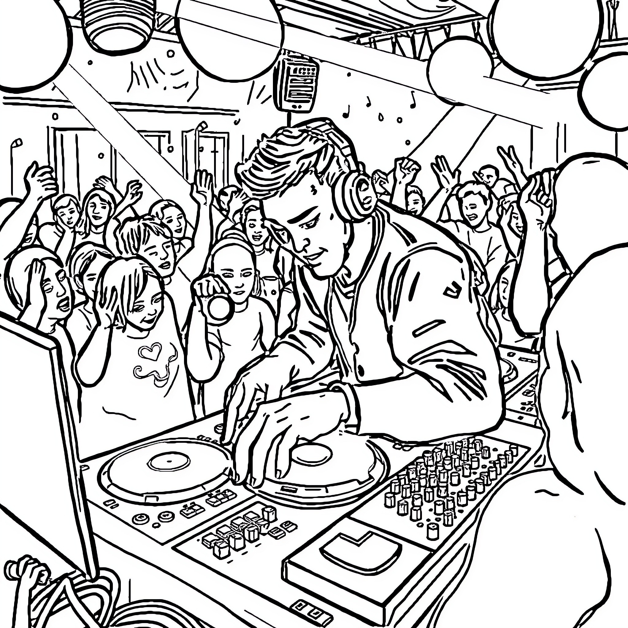DJ Spinning Tunes for an Energetic Crowd Coloring Page (free black-and-white line drawing printable PDF for all, from beginners to advanced learners, including children, teens, adults, and seniors)
