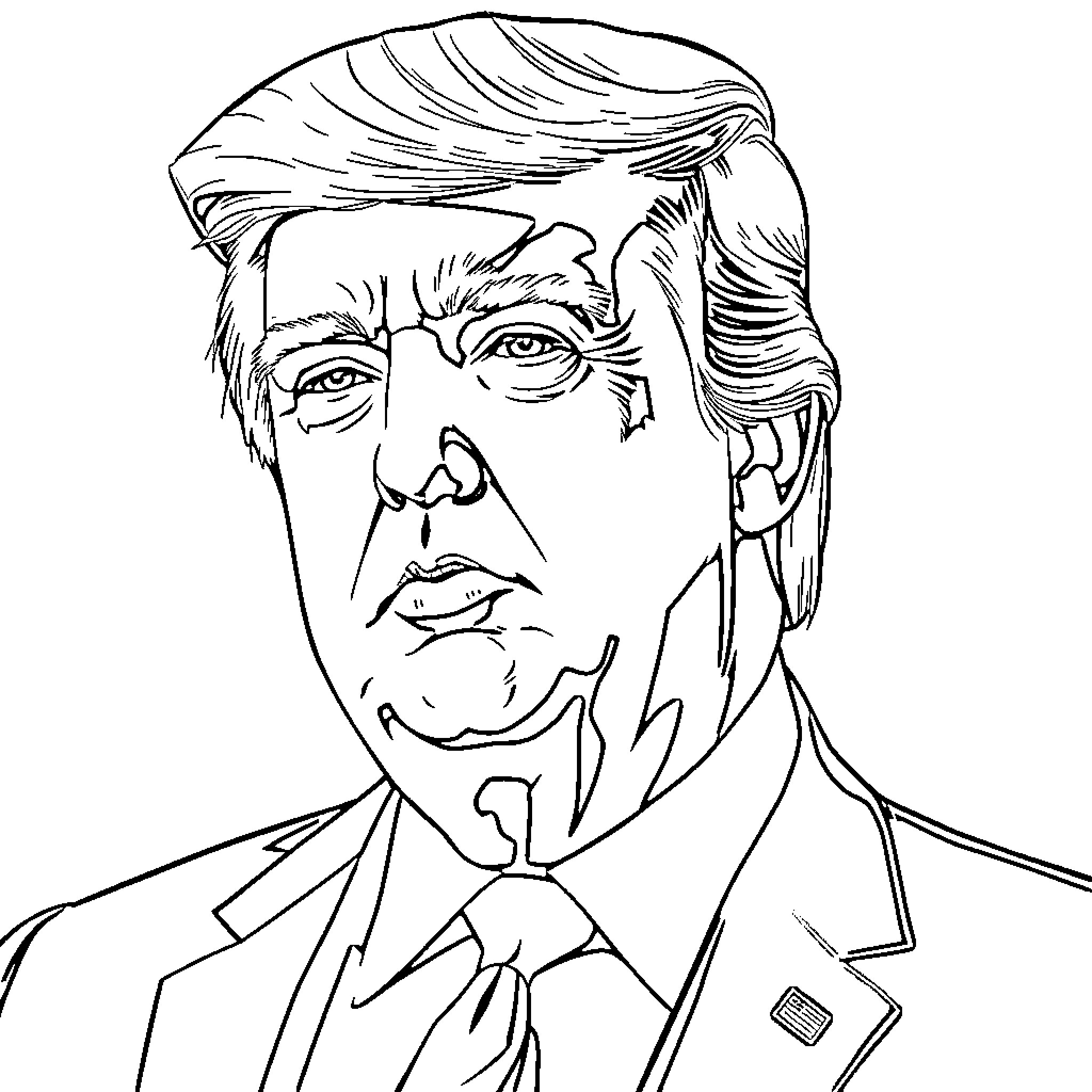 Donald Trump with serious expression in suit and tie Coloring Page (free black-and-white line drawing printable PDF for all, from beginners to advanced learners, including children, teens, adults, and seniors)