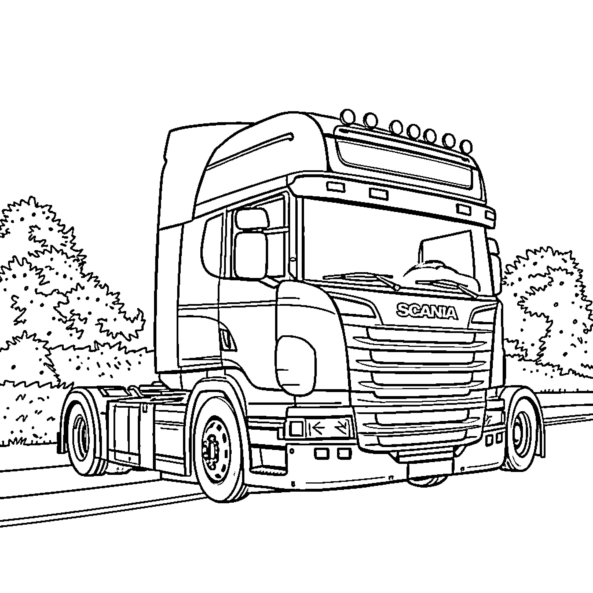 Scania semi-truck driving on road through nature Coloring Page (free black-and-white line drawing printable PDF for all, from beginners to advanced learners, including children, teens, adults, and seniors)