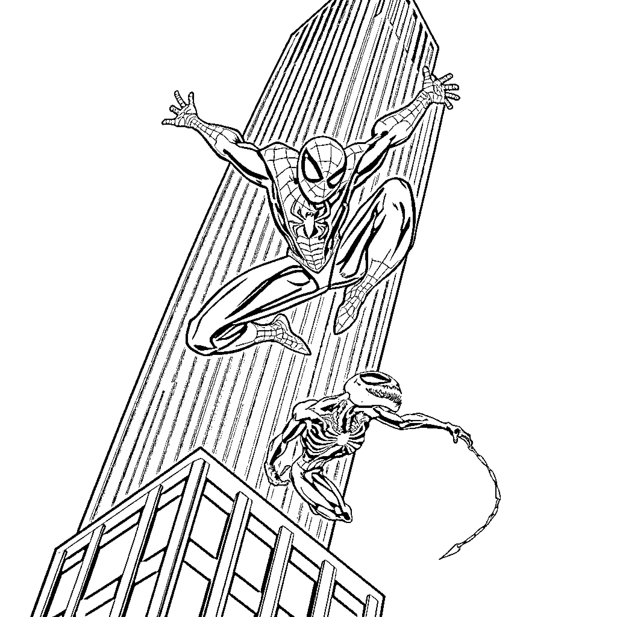Spider-Man swinging through the city skyline Coloring Page (free black-and-white line drawing printable PDF for all, from beginners to advanced learners, including children, teens, adults, and seniors)