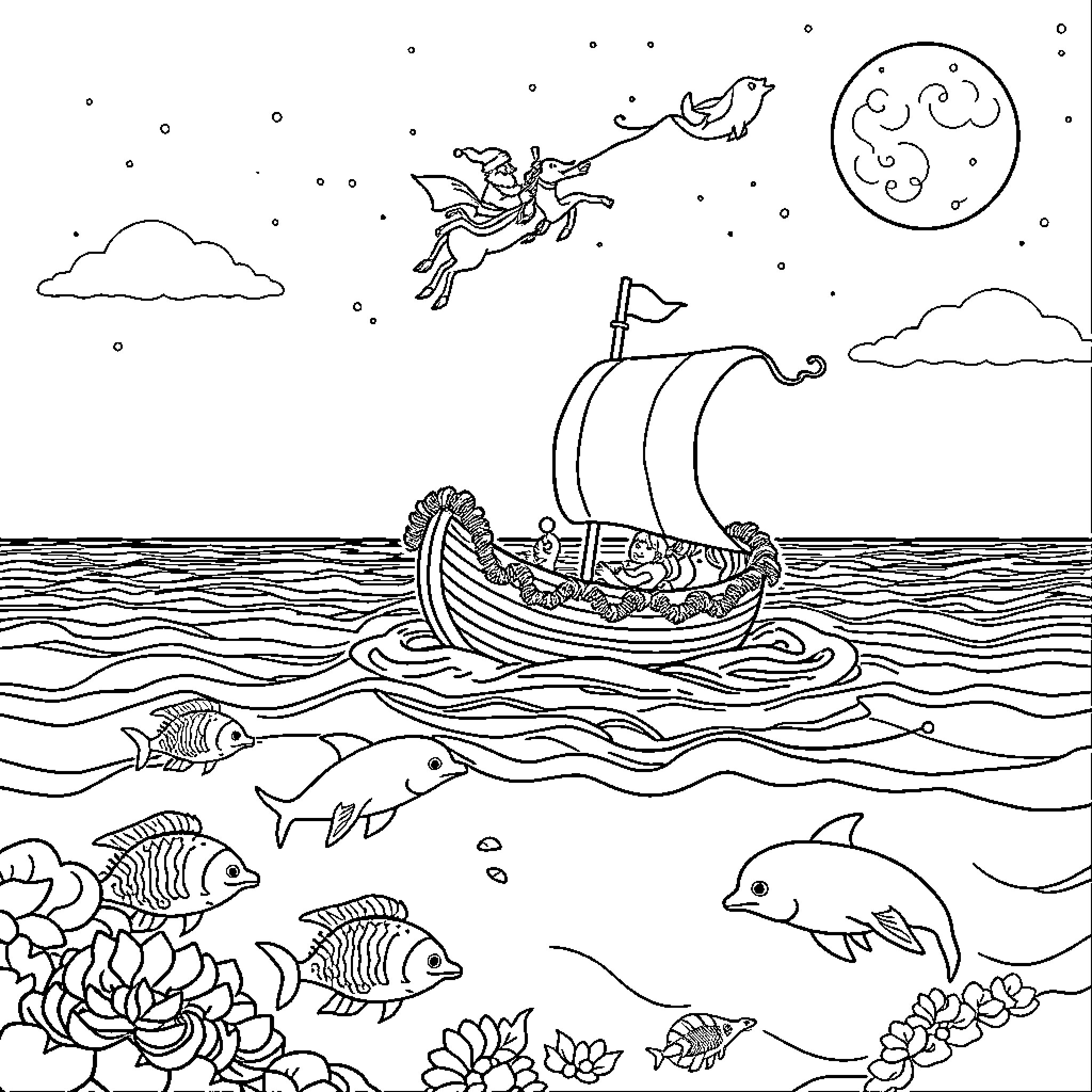 Fairy's Enchanting Voyage on a Whimsical Ship Coloring Page (free black-and-white line drawing printable PDF for all, from beginners to advanced learners, including children, teens, adults, and seniors)
