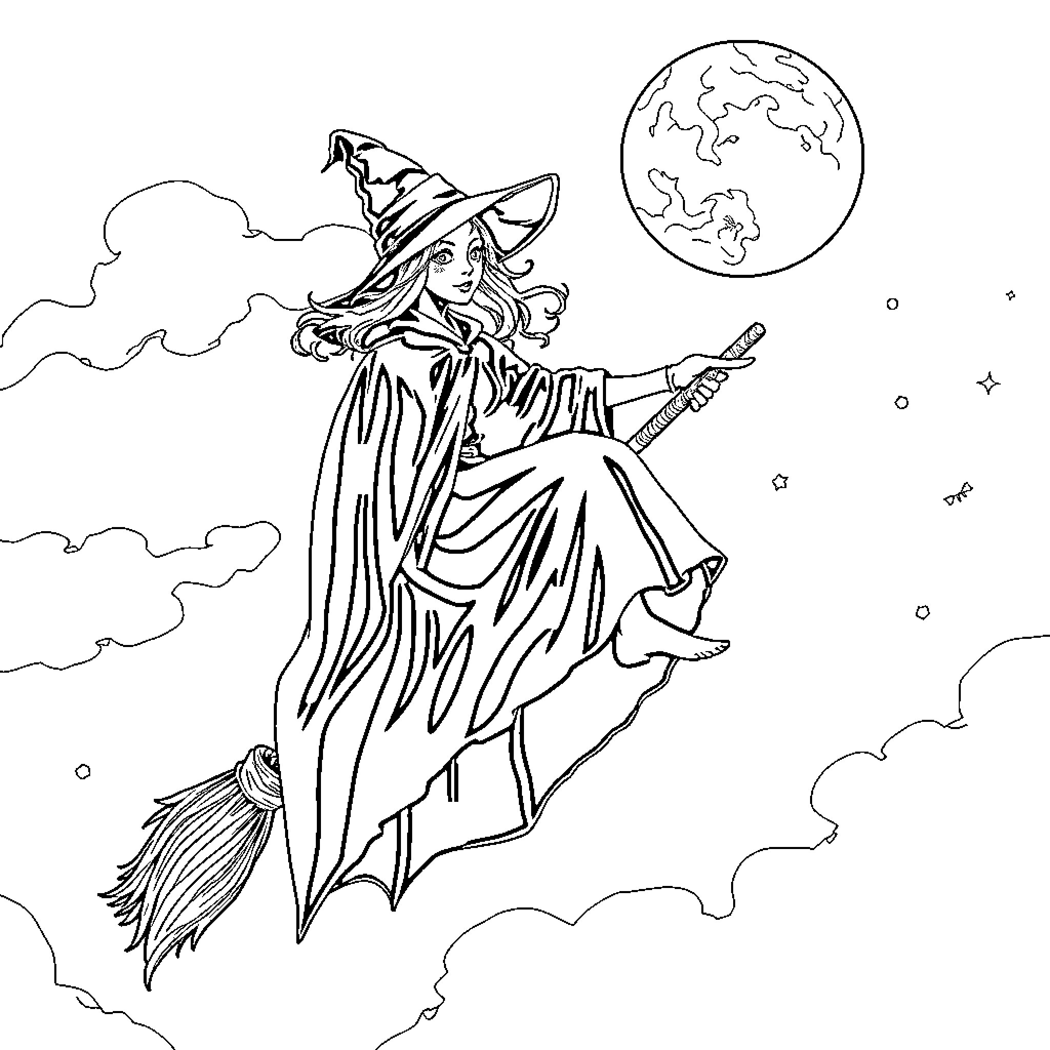 Witch soaring through the night sky Coloring Page (free black-and-white line drawing printable PDF for all, from beginners to advanced learners, including children, teens, adults, and seniors)