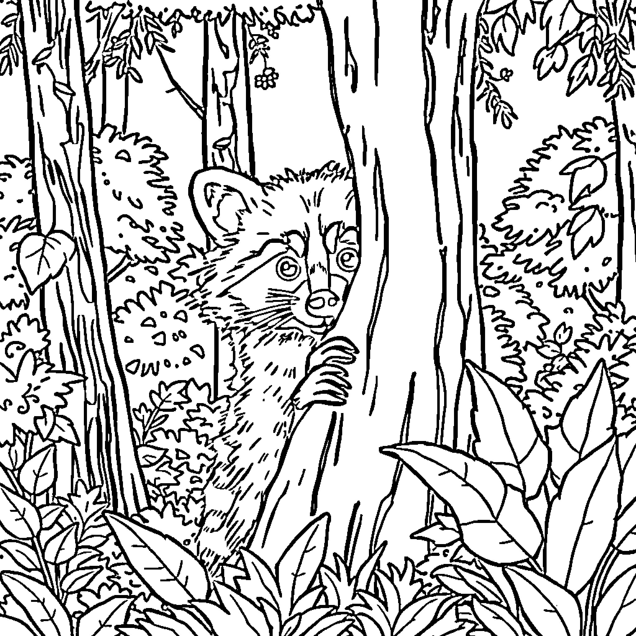 Raccoon peeking through the forest foliage Coloring Page (free black-and-white line drawing printable PDF for all, from beginners to advanced learners, including children, teens, adults, and seniors)