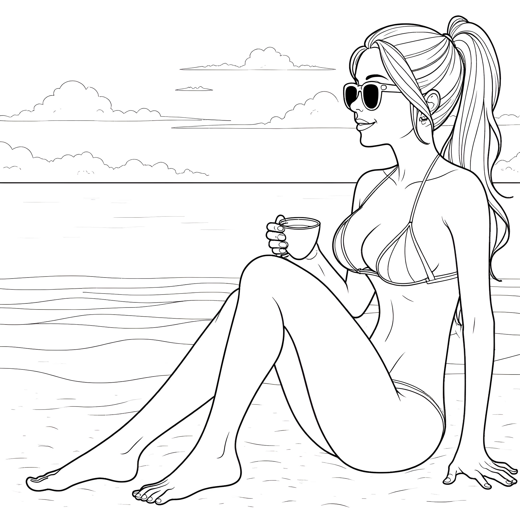 Bikini Girl Relaxing on the Beach Coloring Page (free black-and-white line drawing printable PDF for all, from beginners to advanced learners, including children, teens, adults, and seniors)