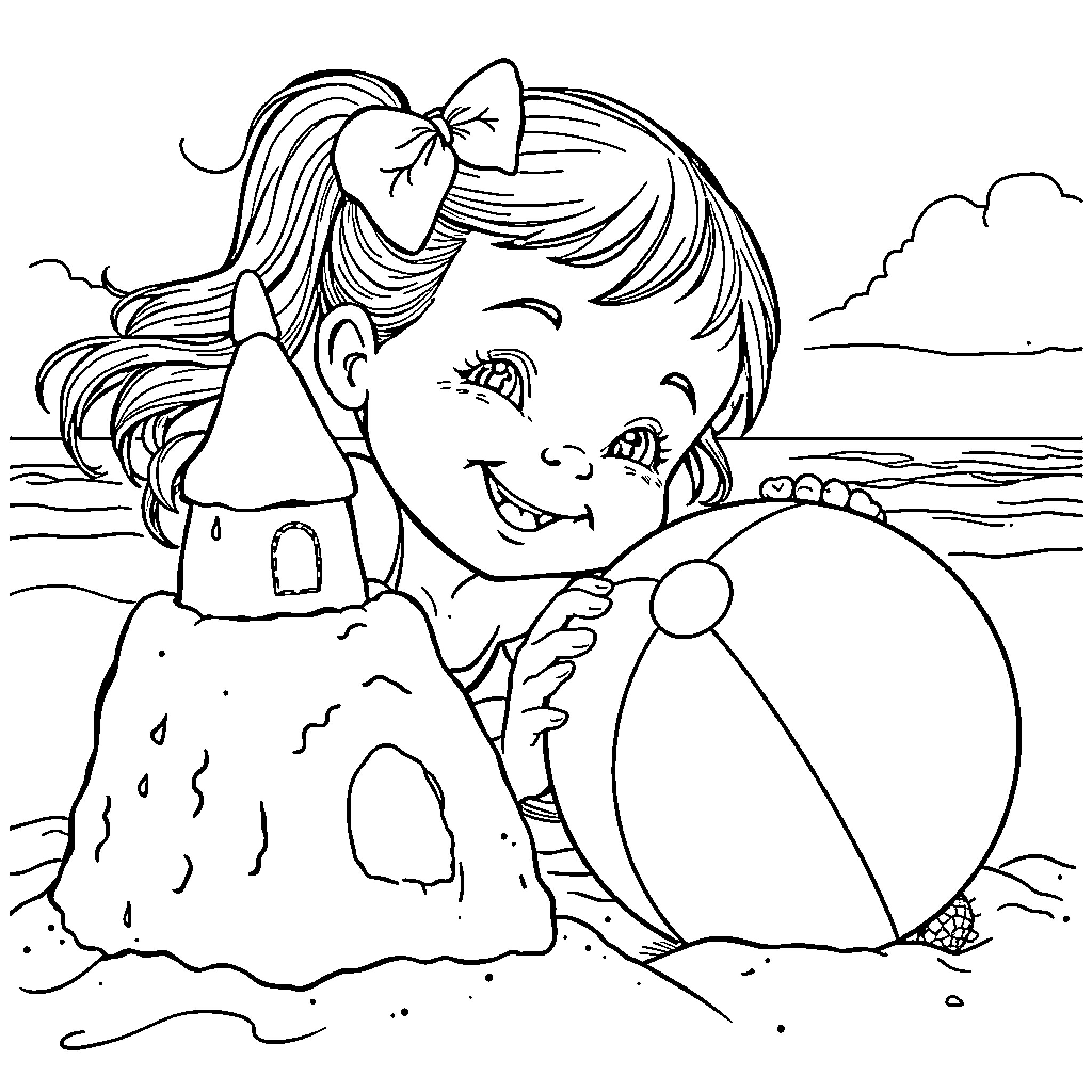 Girl building sand castle and playing with beach ball Coloring Page (free black-and-white line drawing printable PDF for all, from beginners to advanced learners, including children, teens, adults, and seniors)