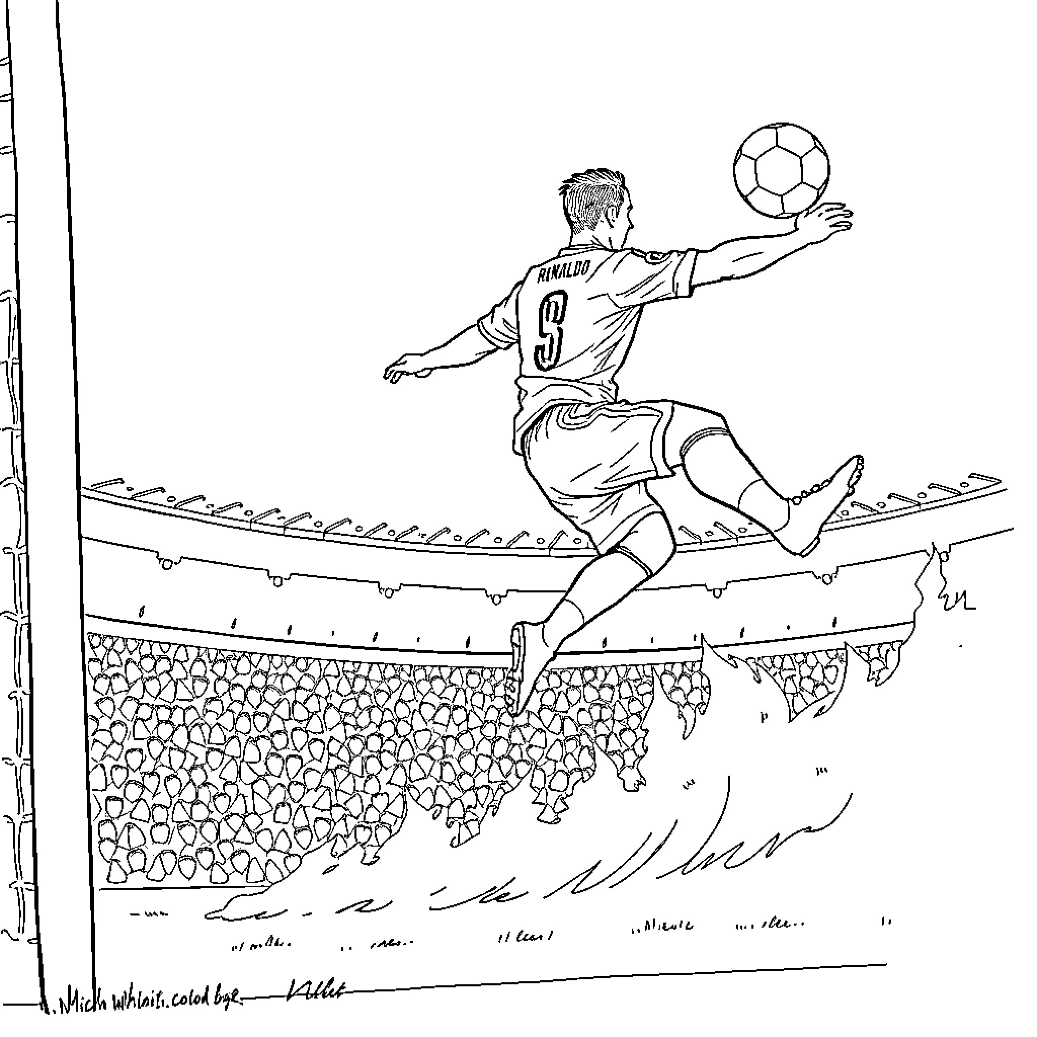 Ronaldo leaps to kick soccer ball on the field Coloring Page (free black-and-white line drawing printable PDF for all, from beginners to advanced learners, including children, teens, adults, and seniors)