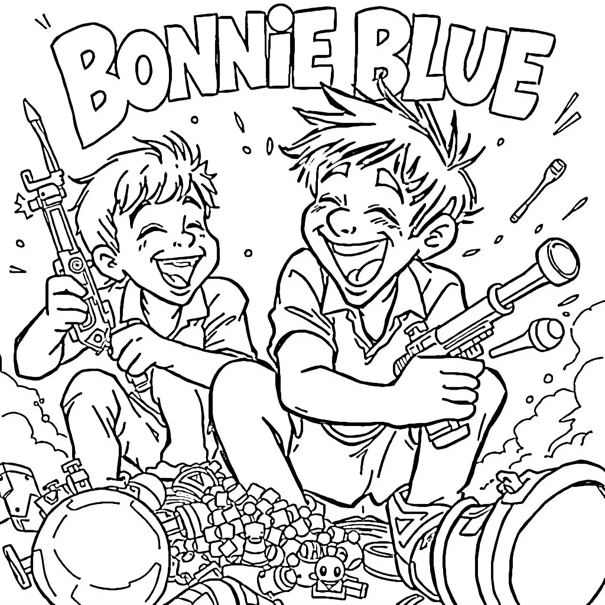 Boys enjoying Bonnie Blue comic book scene Coloring Page (free black-and-white line drawing printable PDF for all, from beginners to advanced learners, including children, teens, adults, and seniors)