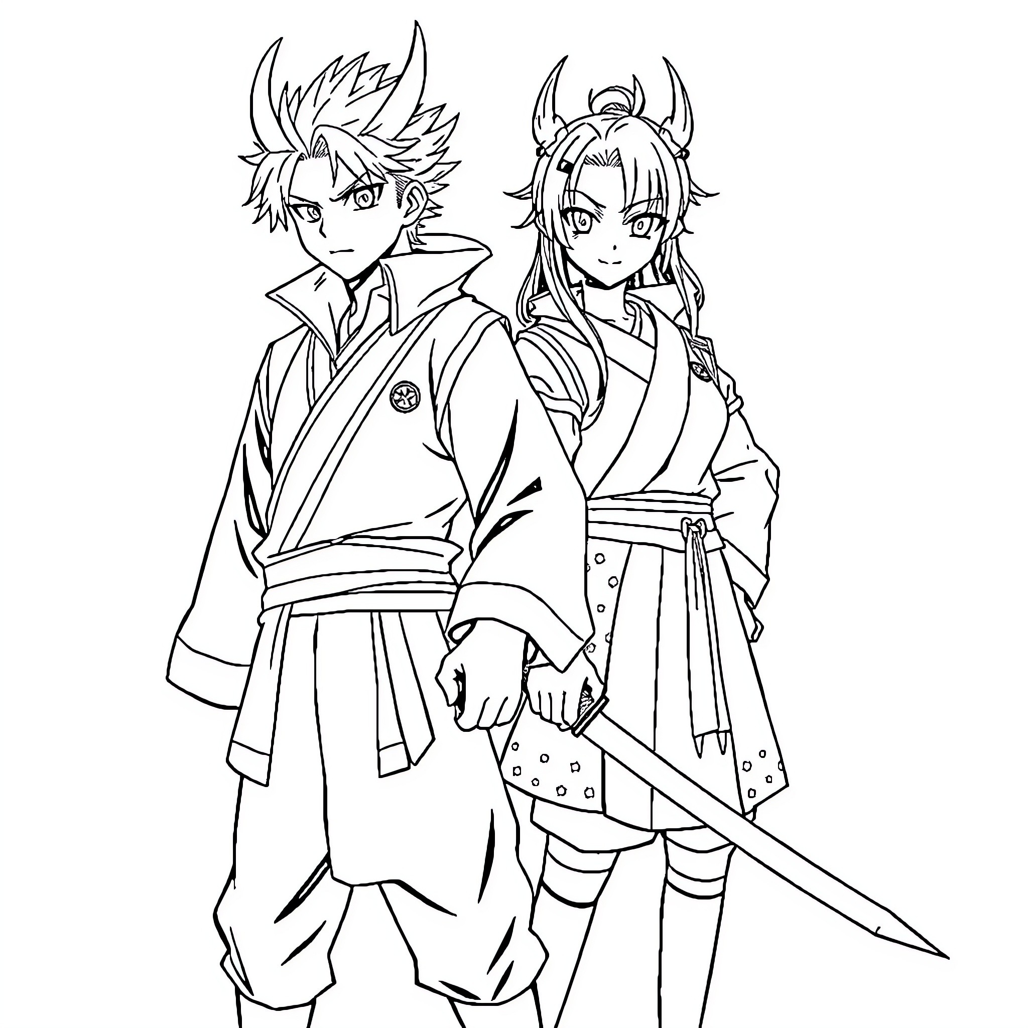 Nezuko and Tanjiro in Anime-style Outfits Coloring Page (free black-and-white line drawing printable PDF for all, from beginners to advanced learners, including children, teens, adults, and seniors)