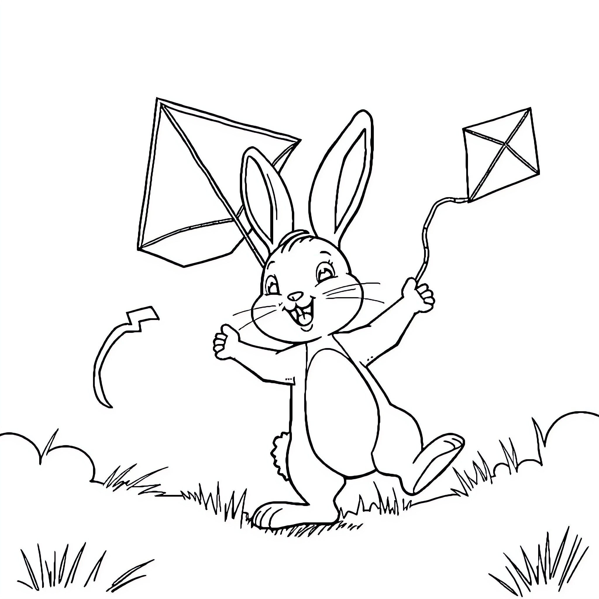 Rabbit flying kites in the meadow Coloring Page (free black-and-white line drawing printable PDF for all, from beginners to advanced learners, including children, teens, adults, and seniors)